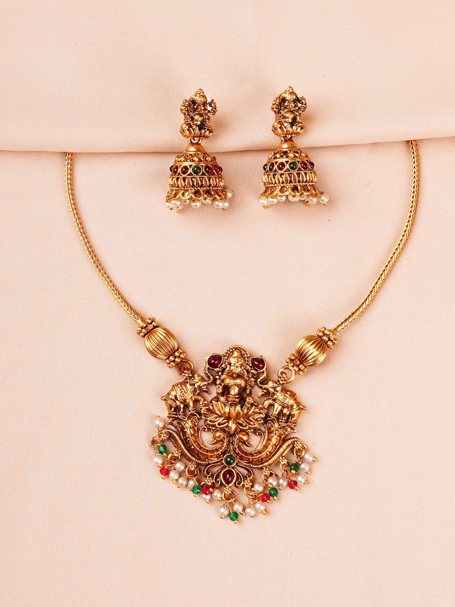 Lakshmi Temple Necklace Set with Ruby