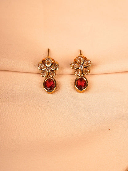Dual Layer Floral Necklace Set with Ruby Red Drop