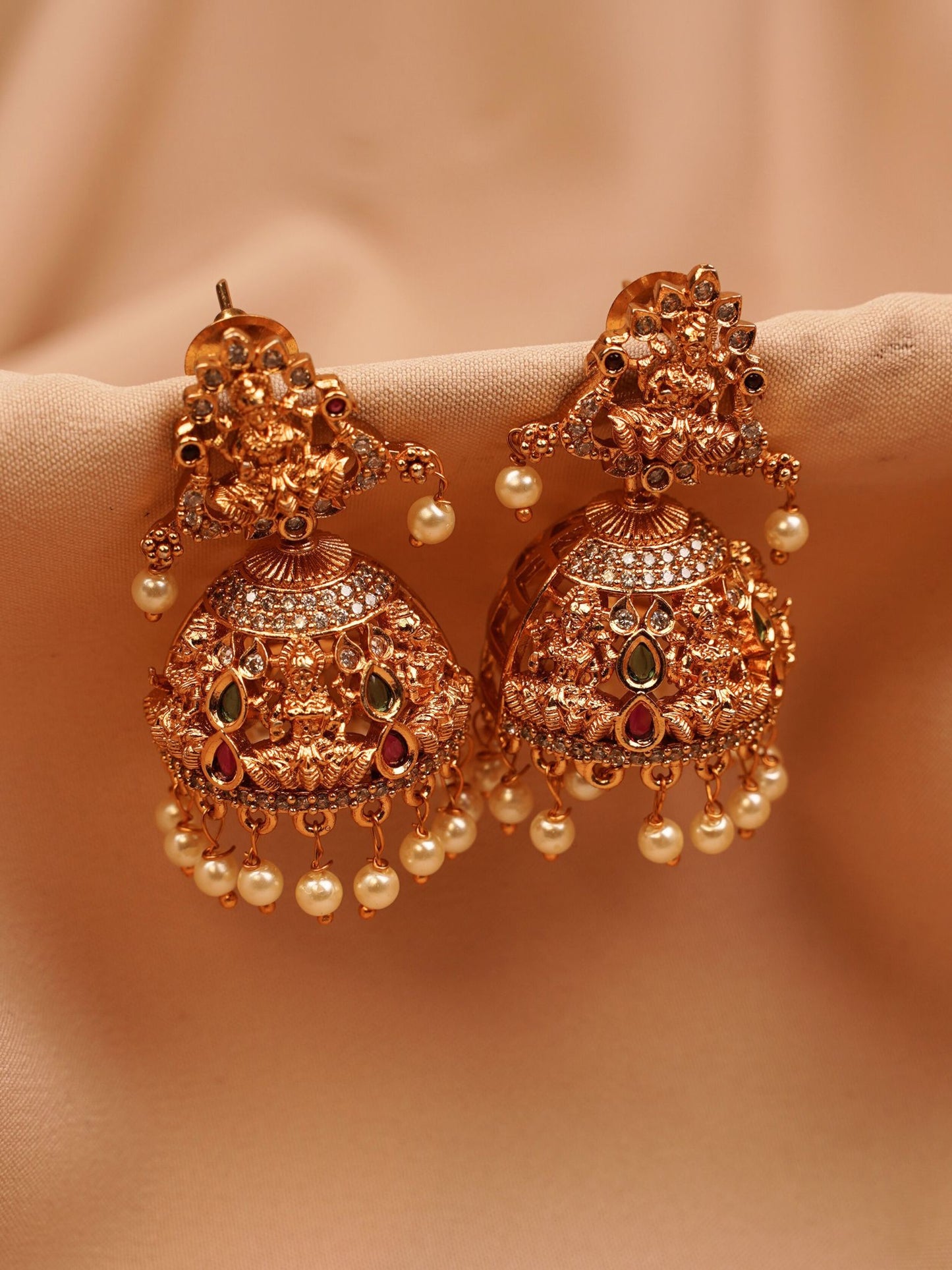 Bridal Lakshmi Temple Jhumkas with Pearls