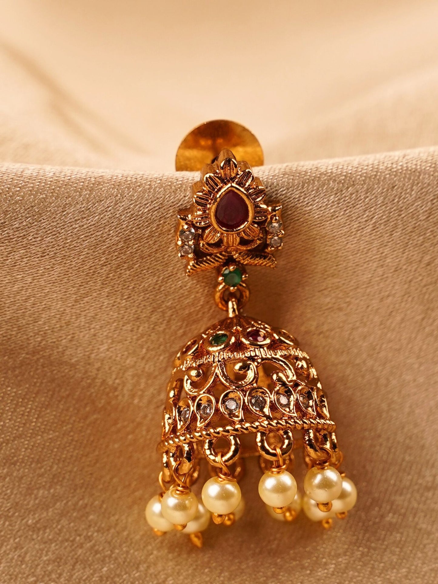 Antique Ruby Pearl Temple Jhumka