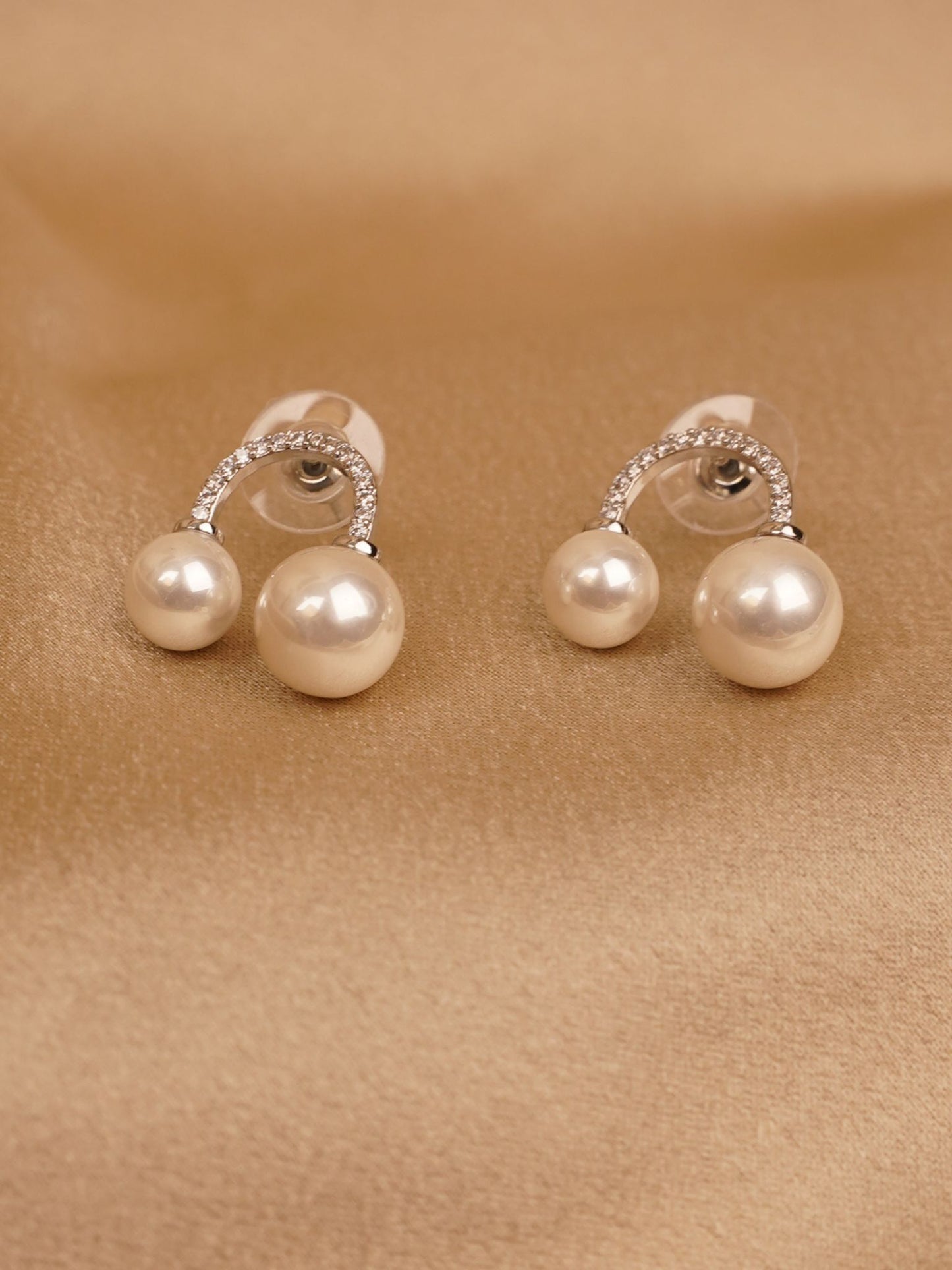 Dual Pearl Crystal Arc Stud Earrings