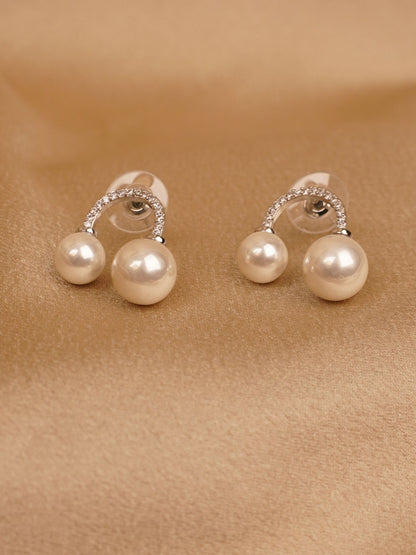Dual Pearl Crystal Arc Stud Earrings