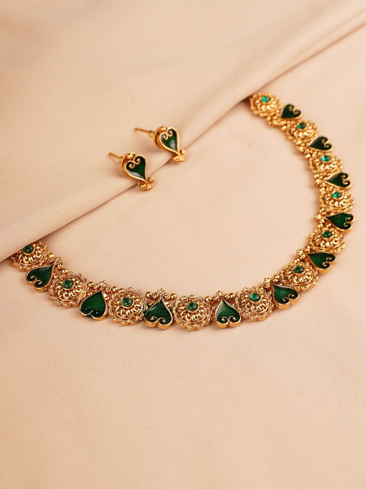 Emerald Green Enamel Temple Necklace Set