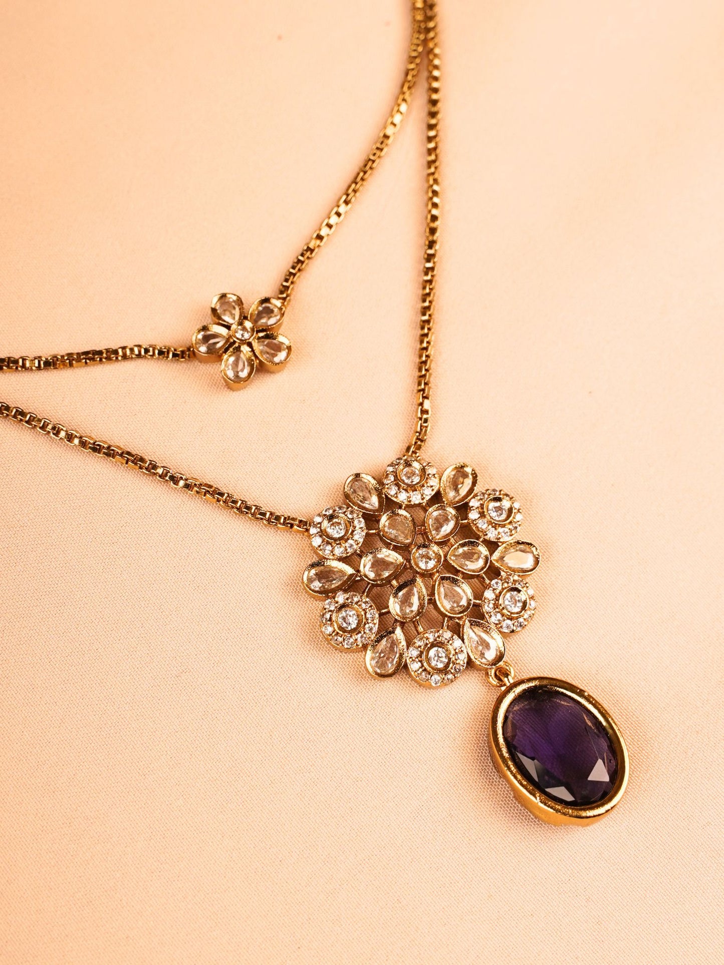 Dual Layer Floral Necklace Set with Purple Drop
