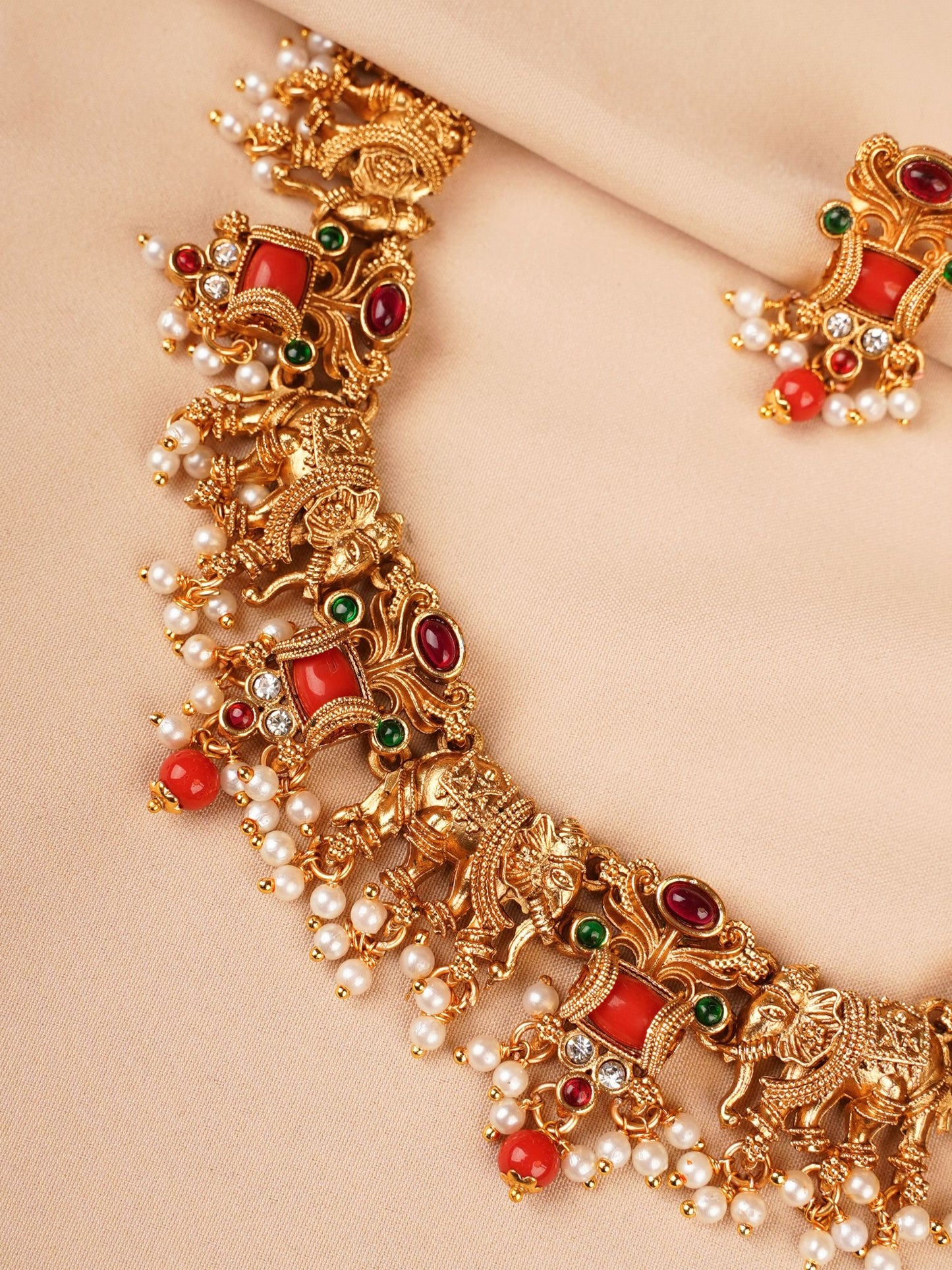 Ruby & Emerald Peacock Temple Necklace Set