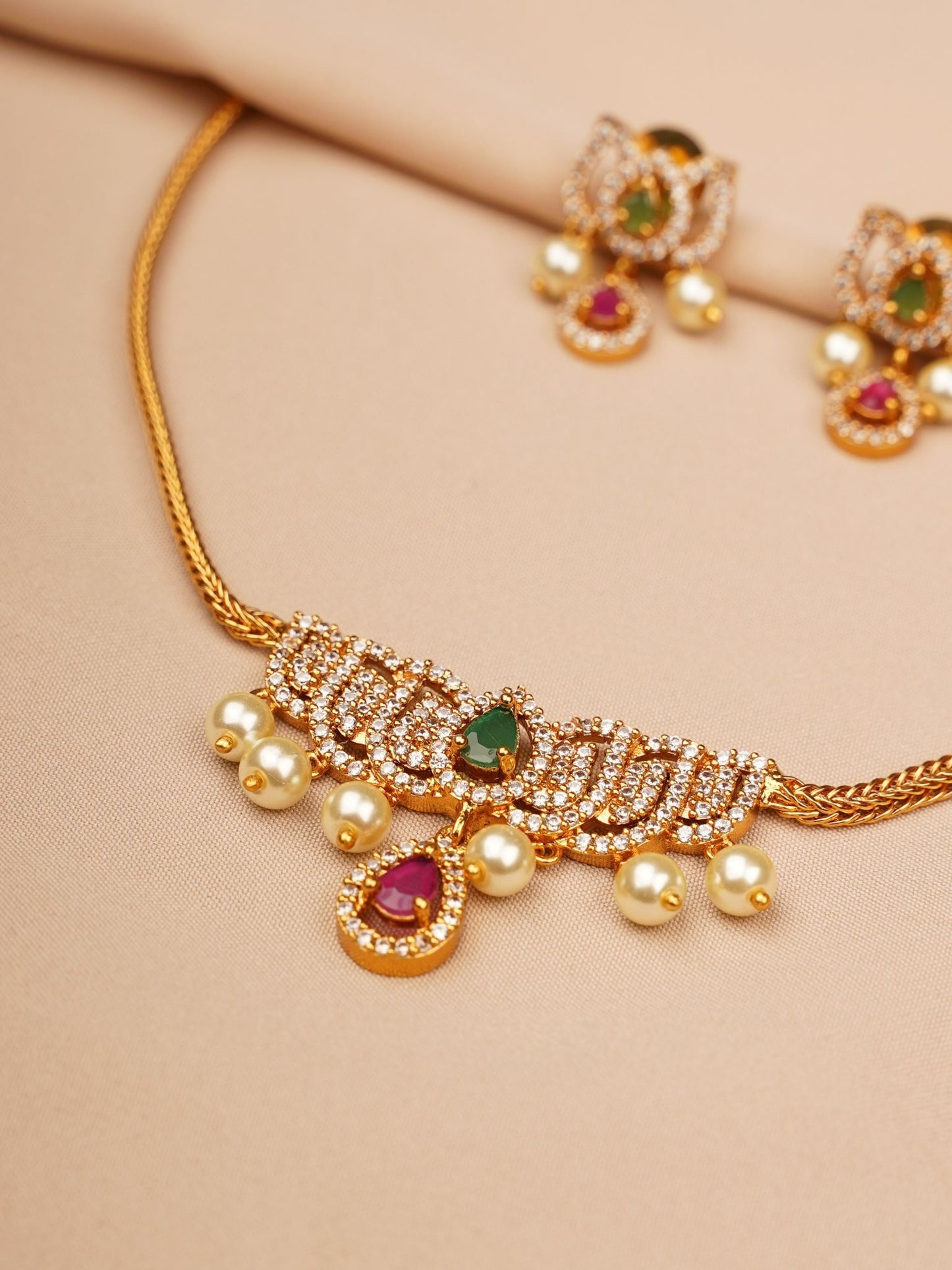 Emerald–Ruby Pearl Drop Necklace & Earrings Set