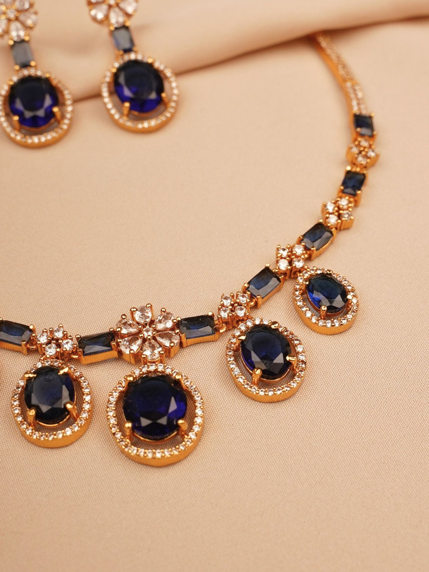 Midnight Sapphire Oval Stone Necklace & Earrings Set