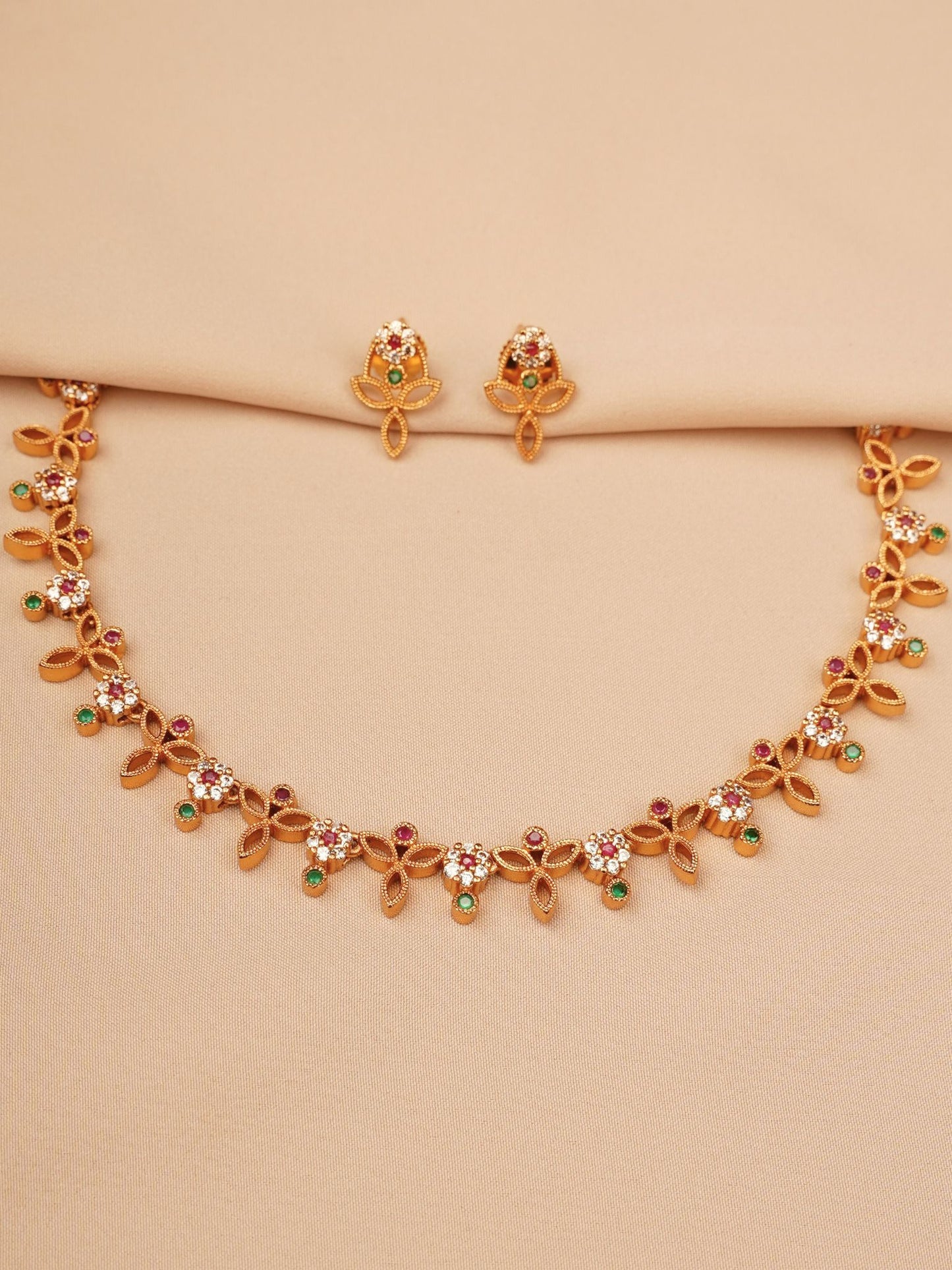 Ruby–Emerald Blossom Necklace & Earrings Set