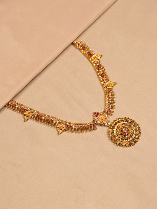 Heritage Gold Temple Necklace with Circular Floral Pendant
