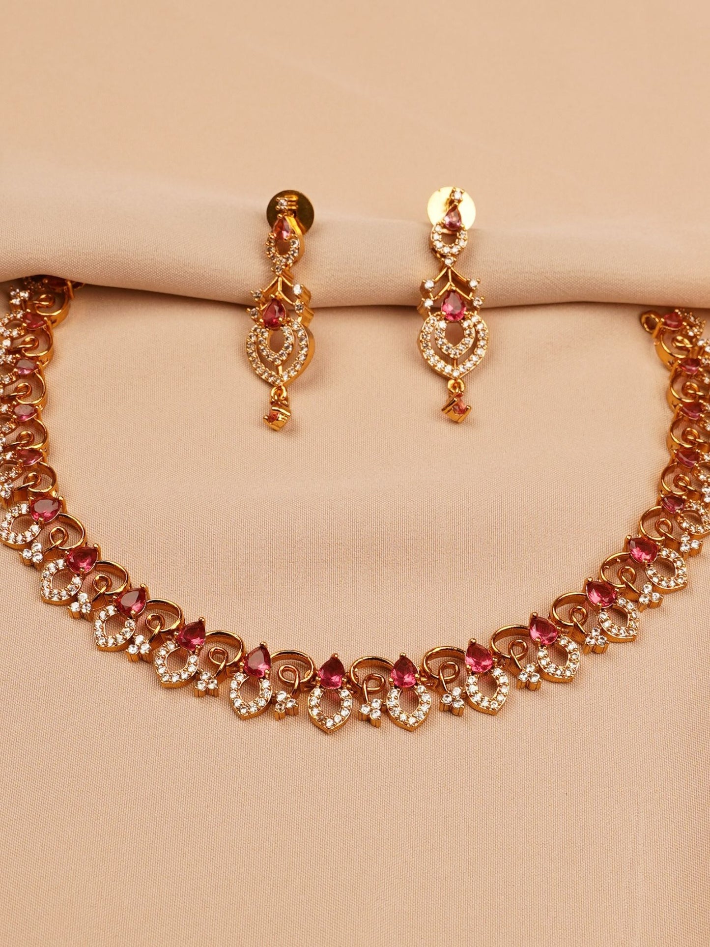 Gold-Plated Ruby Red Necklace Set with Earrings