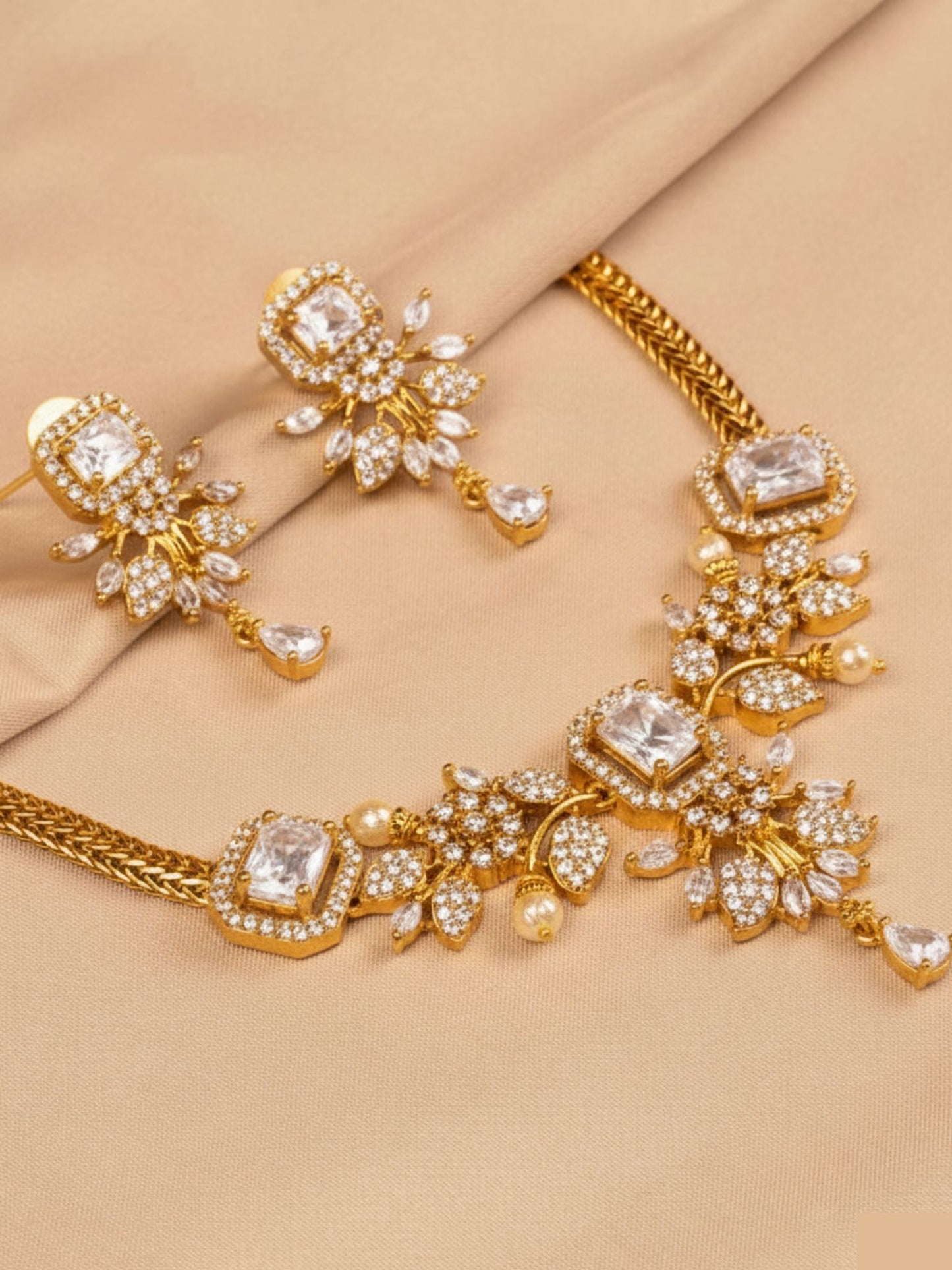 Luxurious White Stone & Gold Necklace Set with Earrings