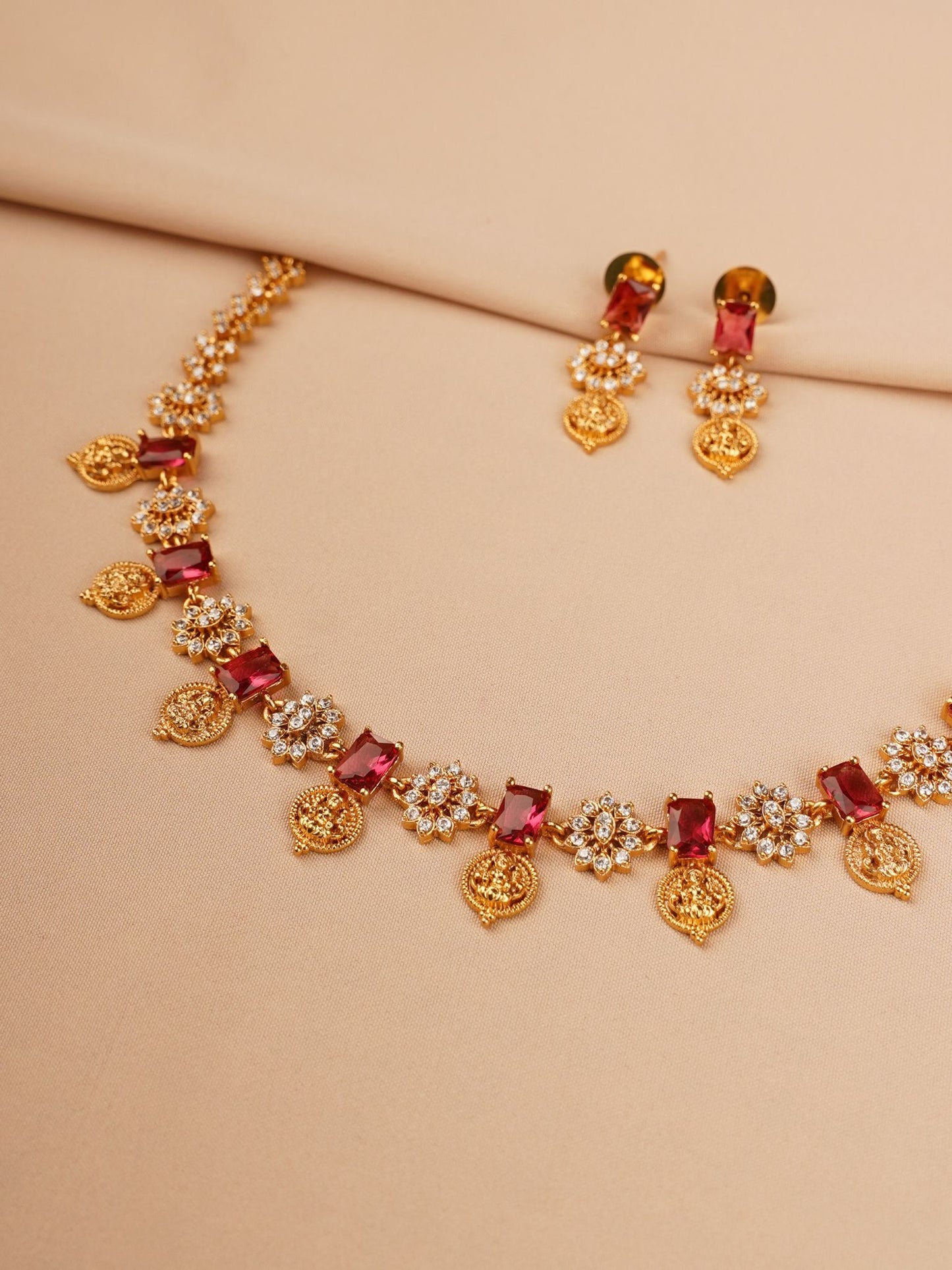 Red Stone & Coin Drop Elegant Necklace Set