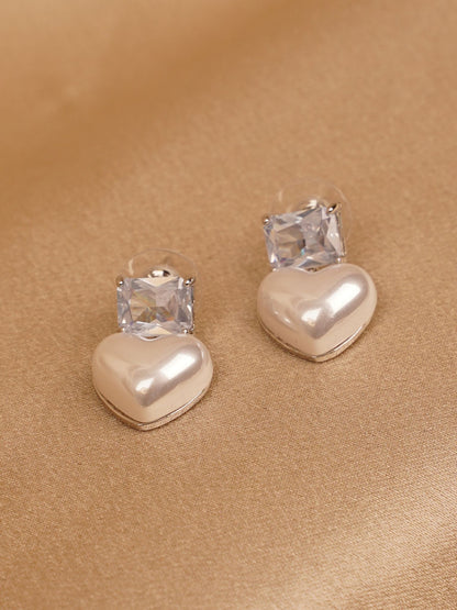 Crystal Heart Pearl Drop Earrings