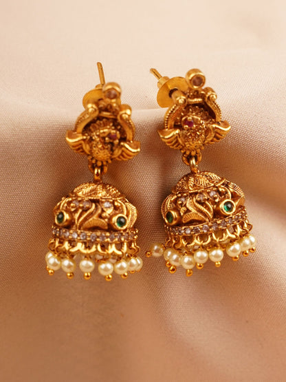 Peacock Temple Jhumka Earrings with Pearl Drops