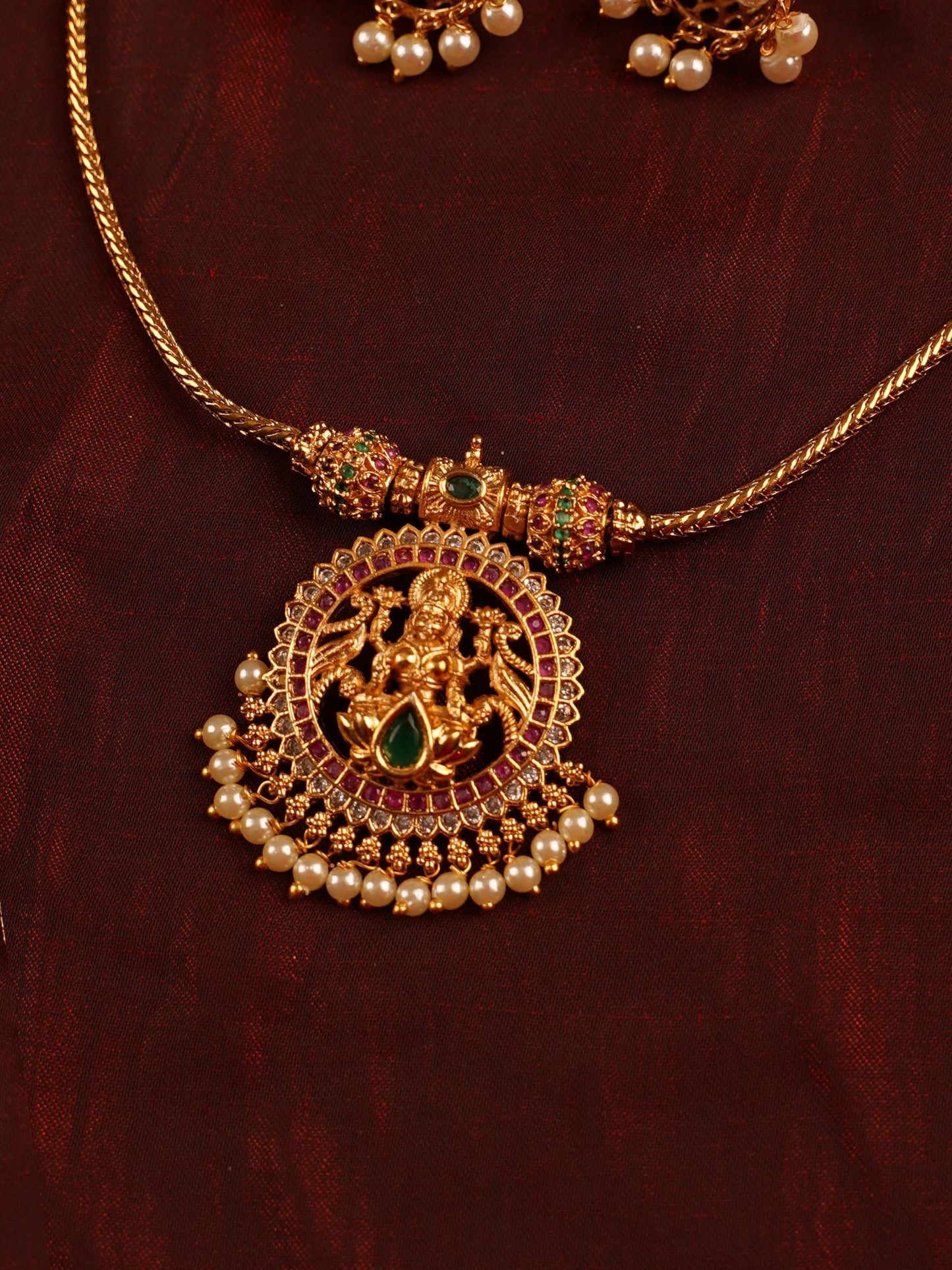 Antique Gold Lakshmi Pendant Necklace Set with Pearl Drops