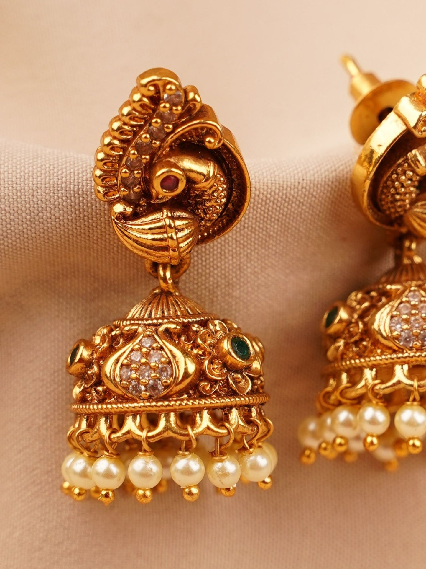 Peacock Temple Jhumka Earrings with Crystal Dome
