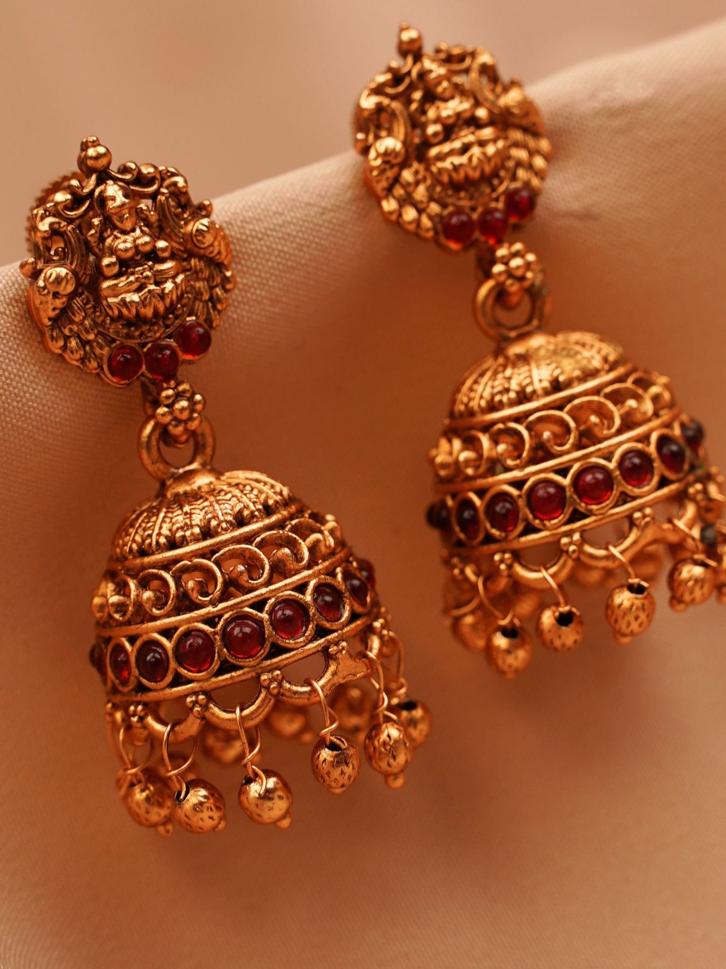 Lakshmi Temple Jhumkas with Ruby Stones