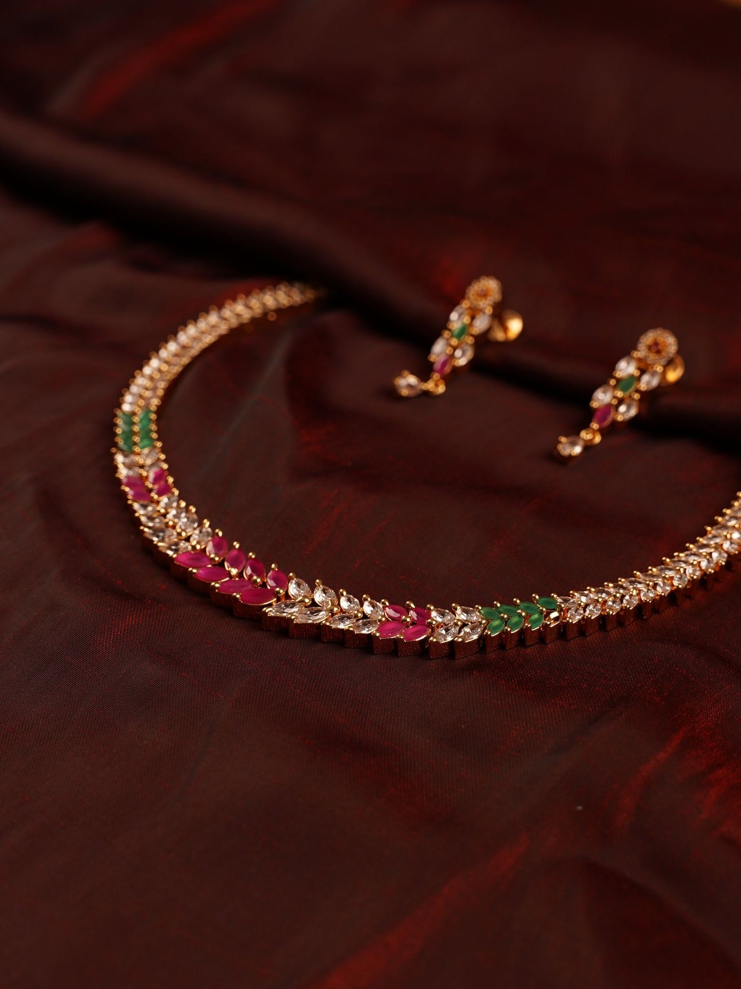 Elegant Red & Green Stone Necklace Set with Earrings