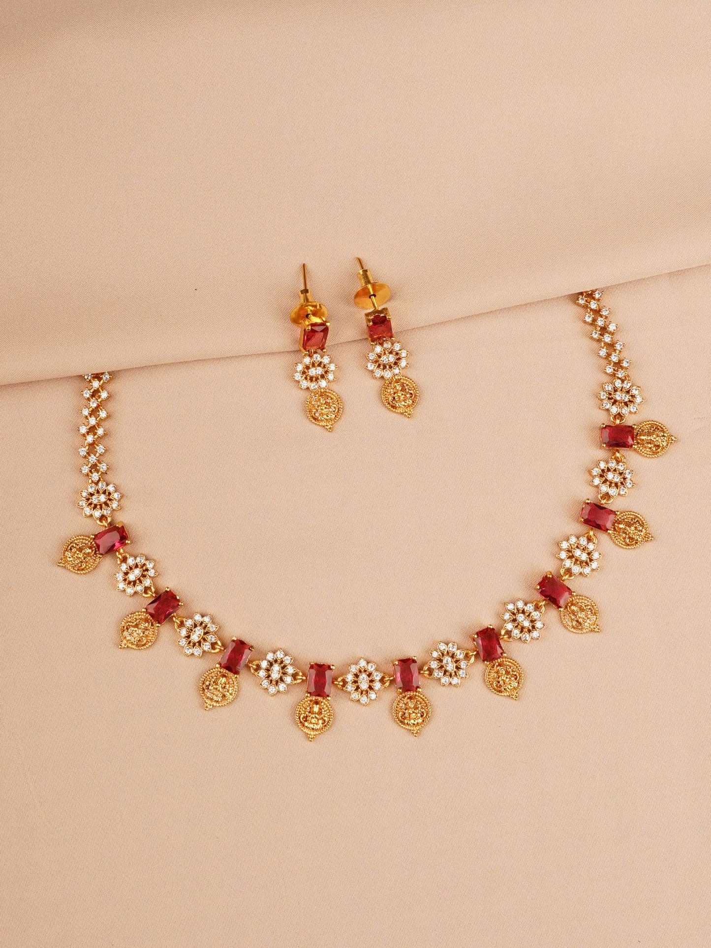 Red Stone & Coin Drop Elegant Necklace Set