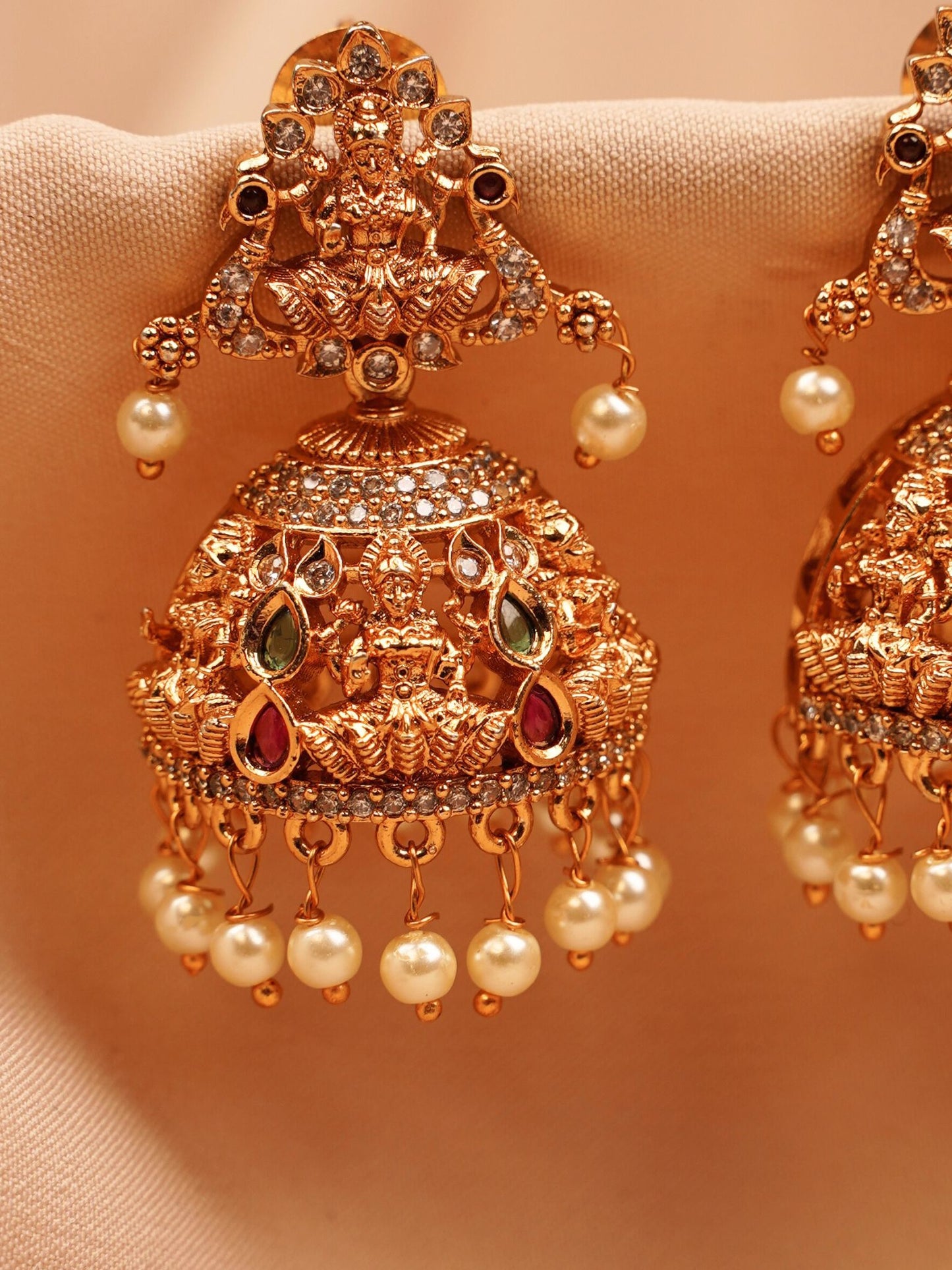 Bridal Lakshmi Temple Jhumkas with Pearls