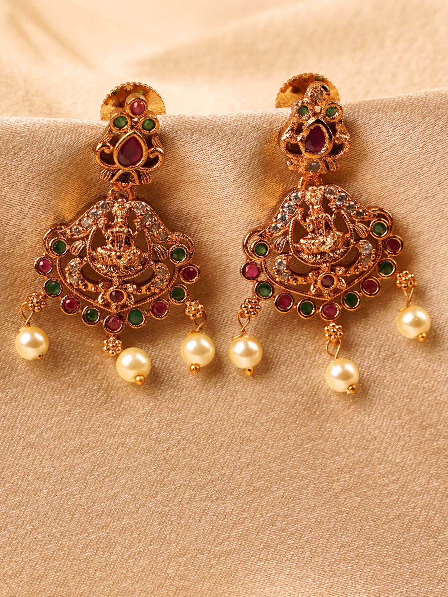 Lakshmi Navratna Pearl Temple Earrings