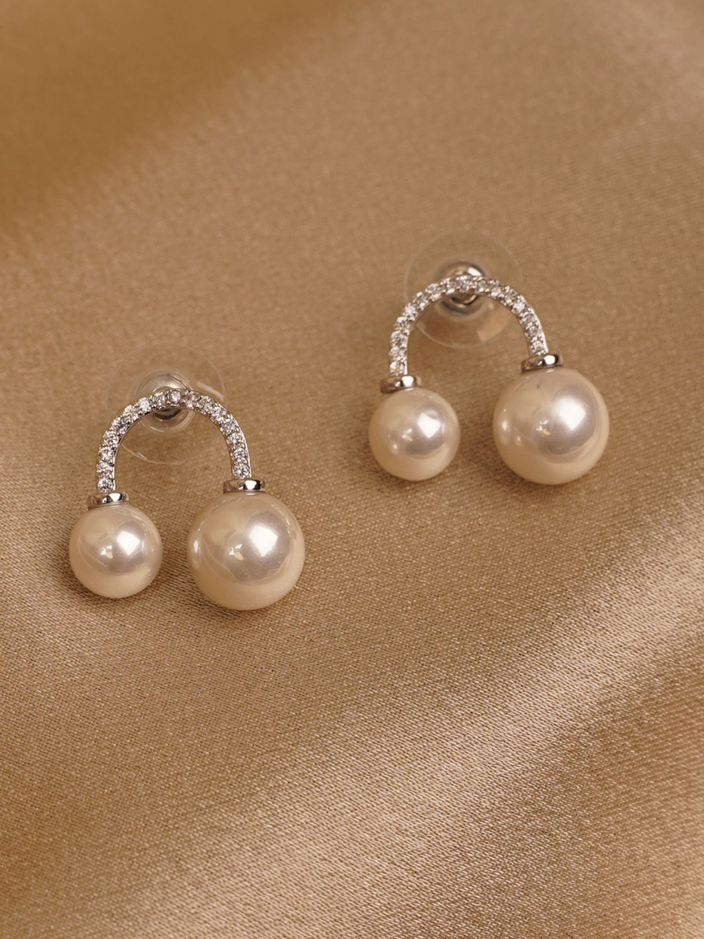 Dual Pearl Crystal Arc Stud Earrings