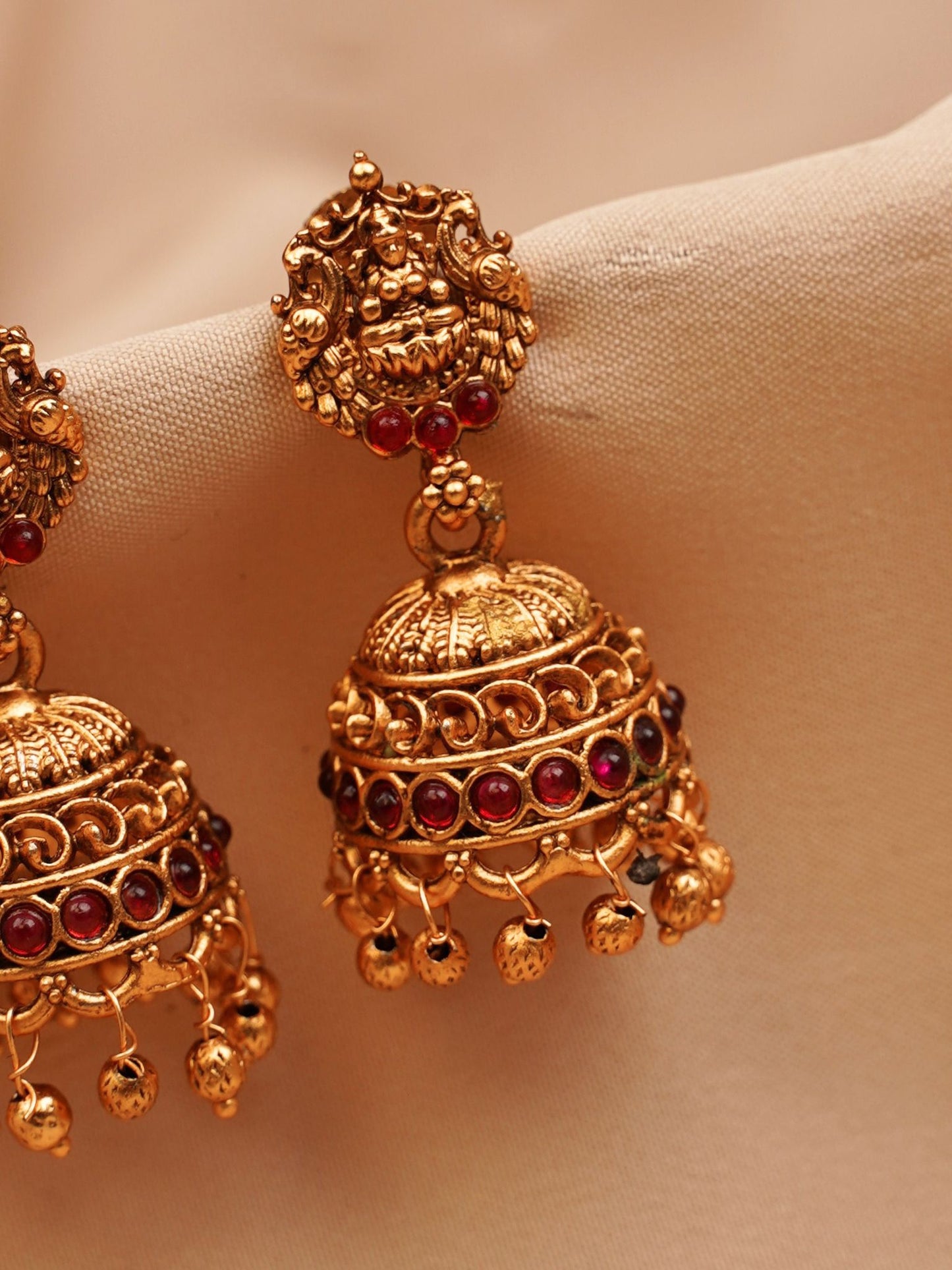 Lakshmi Temple Jhumkas with Ruby Stones