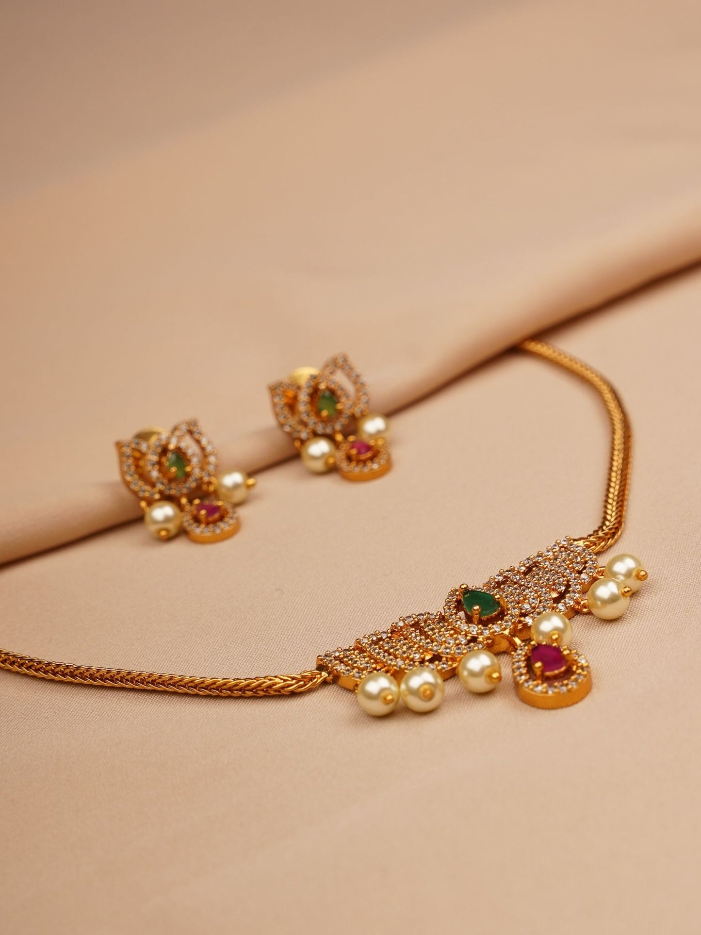 Emerald–Ruby Pearl Drop Necklace & Earrings Set