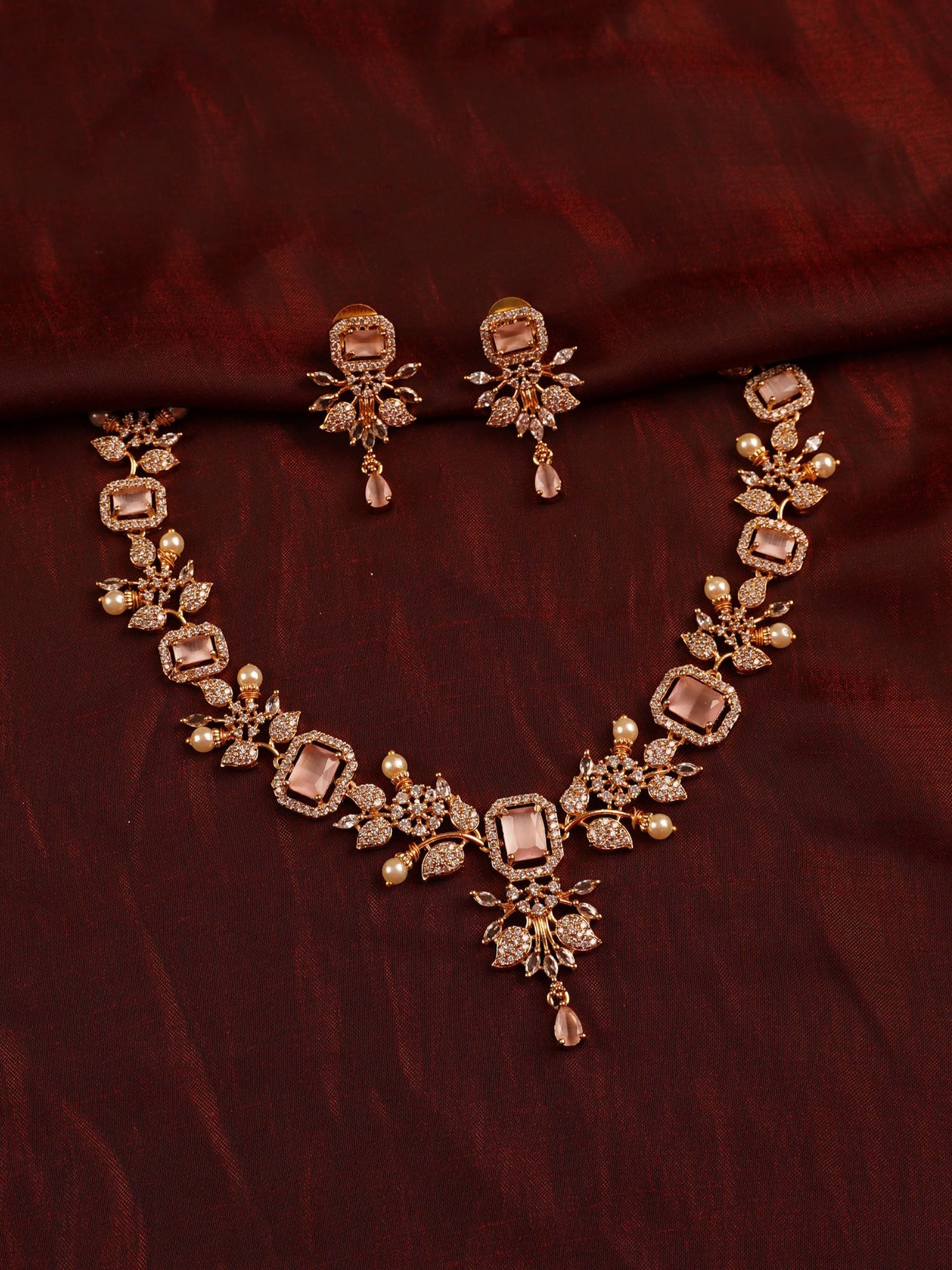 Blush Gold Crystal & Pearl Statement Necklace Set