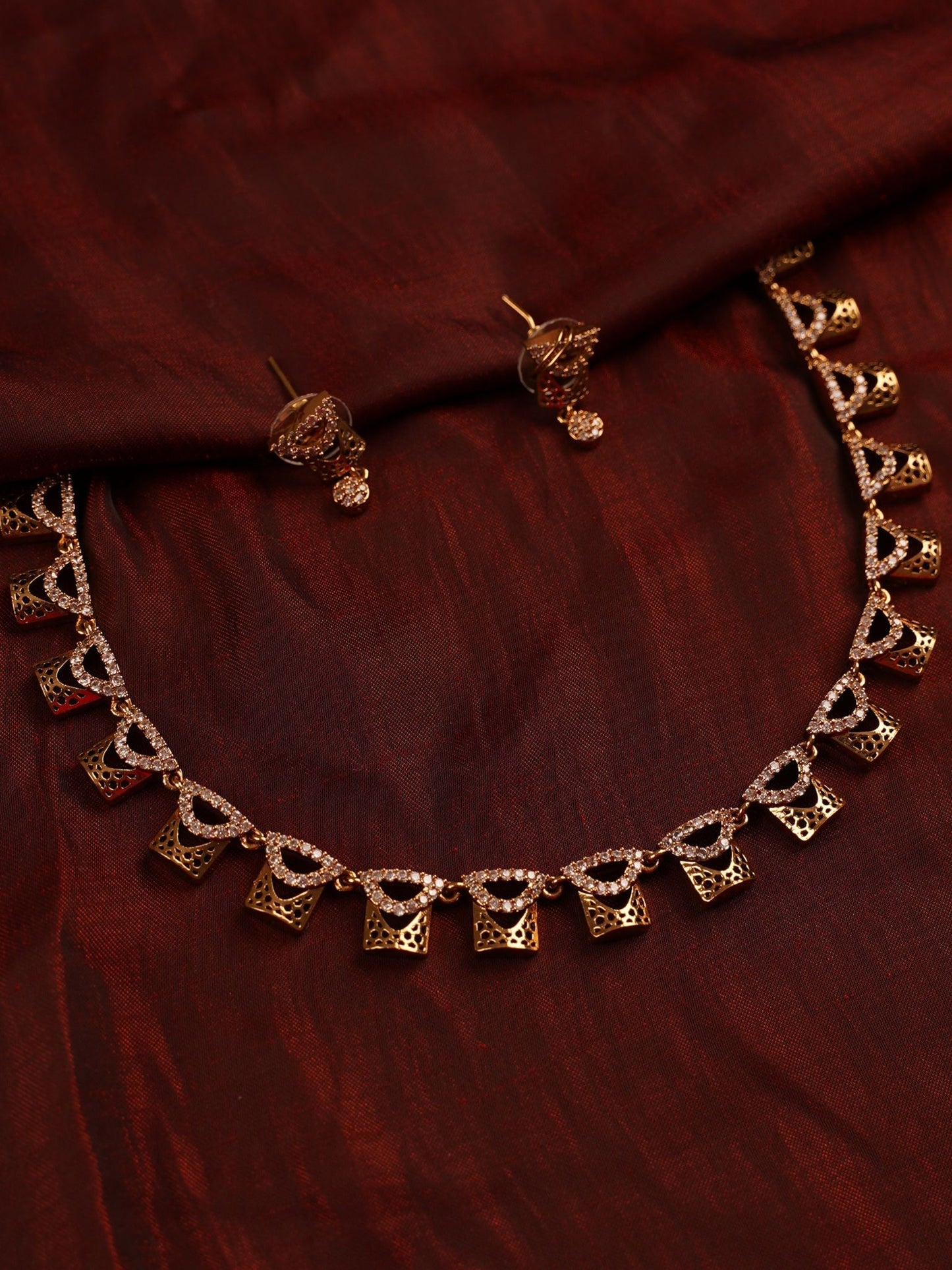Contemporary Gold Cutwork Necklace Set with Crystal Accents