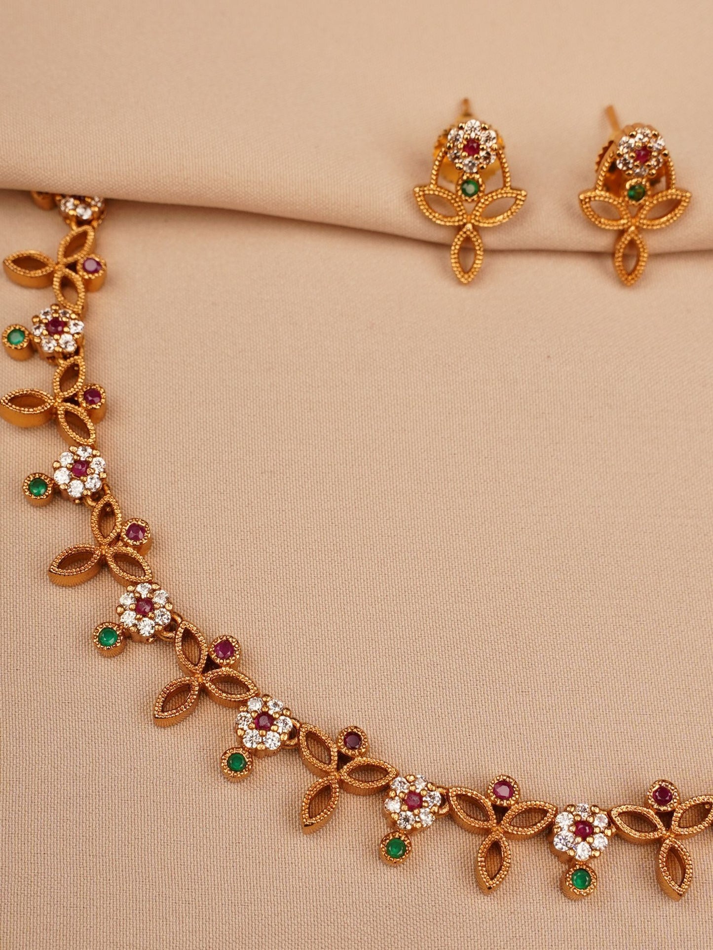 Ruby–Emerald Blossom Necklace & Earrings Set