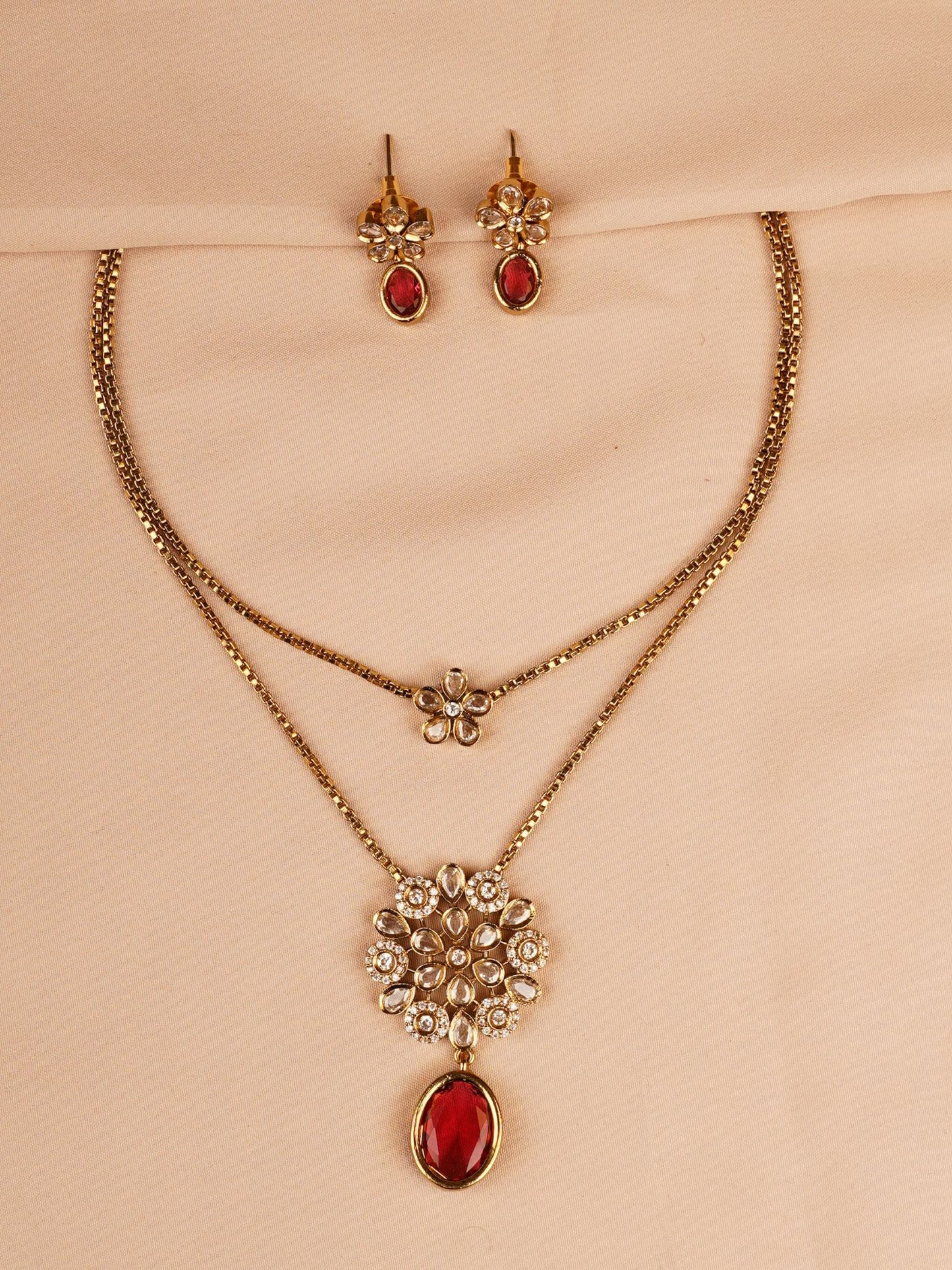 Dual Layer Floral Necklace Set with Ruby Red Drop