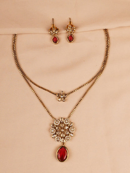 Dual Layer Floral Necklace Set with Ruby Red Drop