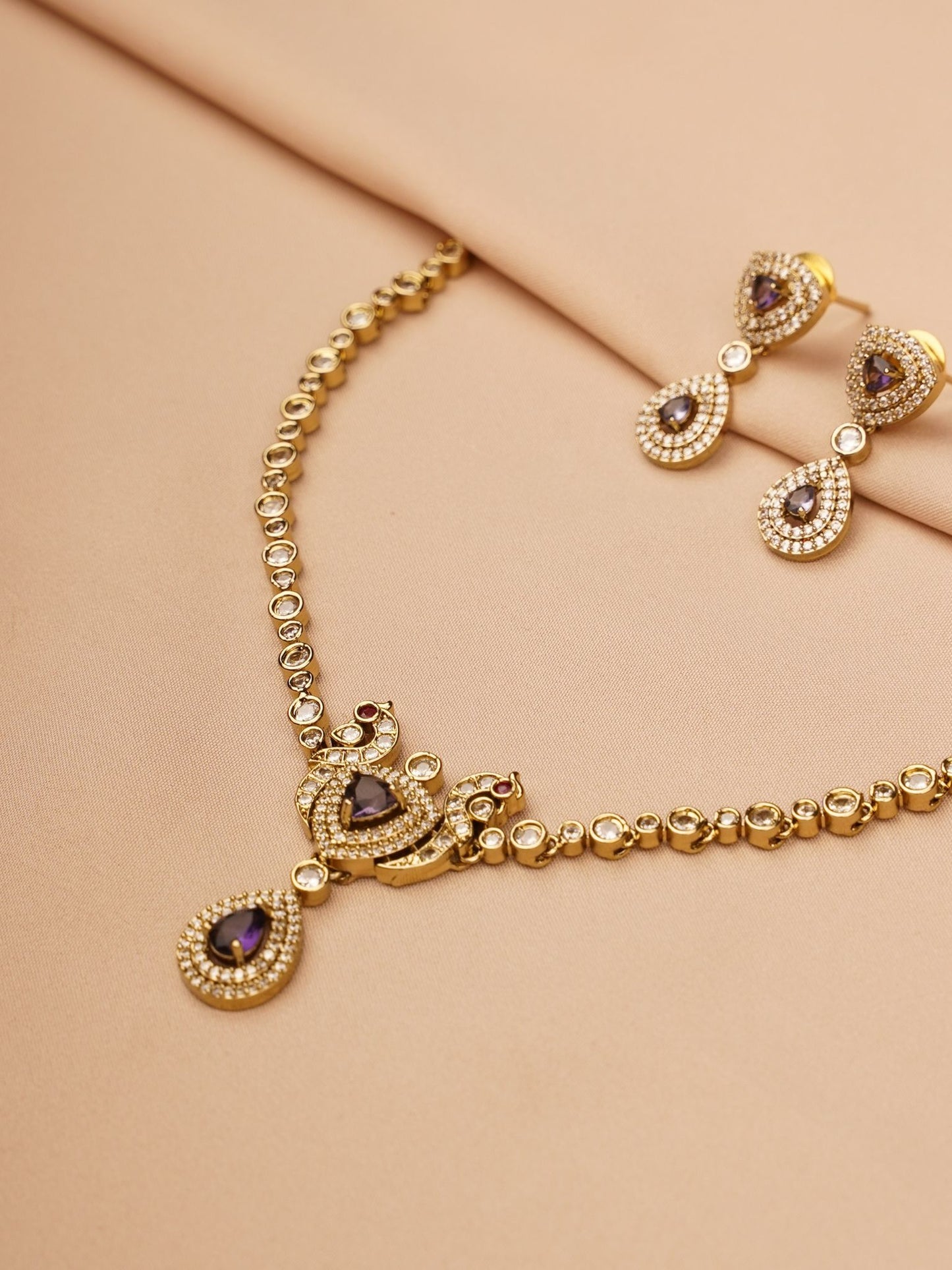 Royal Plum Teardrop Kundan Necklace & Earrings Set