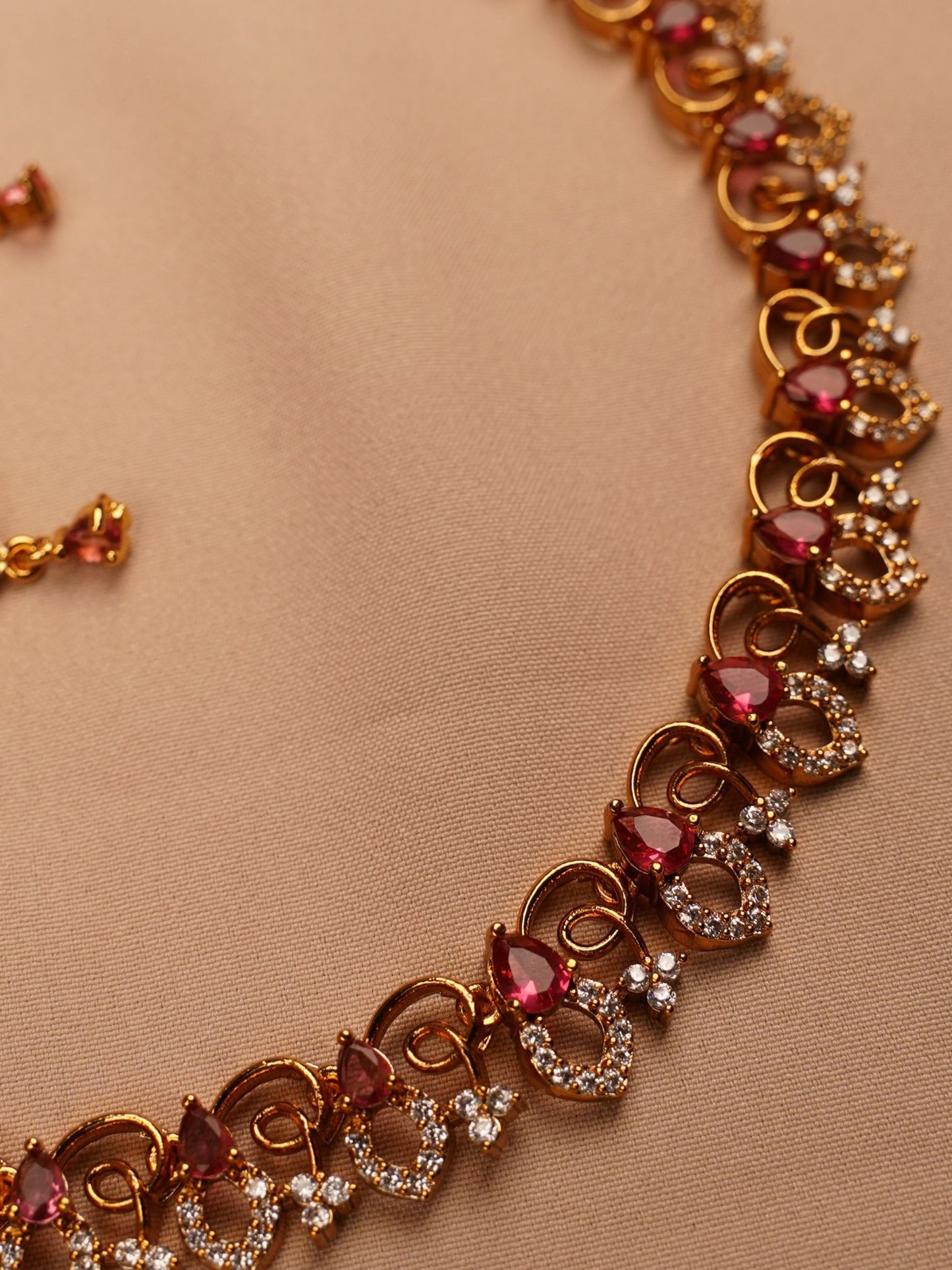 Gold-Plated Ruby Red Necklace Set with Earrings