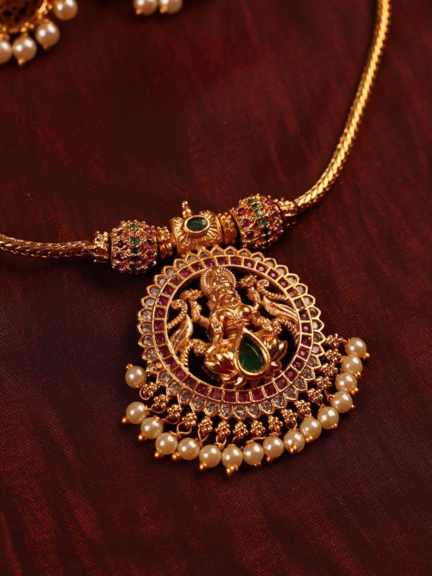 Antique Gold Lakshmi Pendant Necklace Set with Pearl Drops