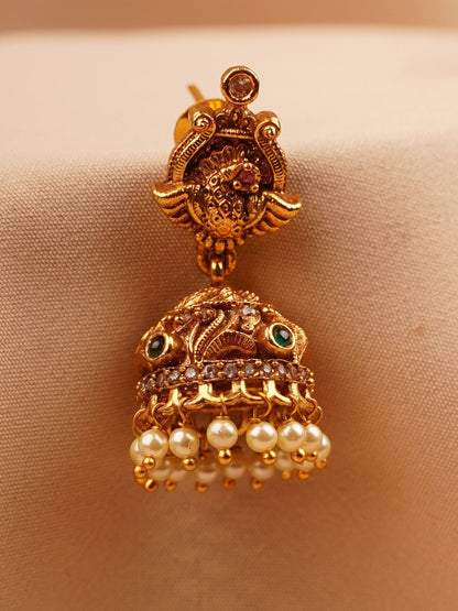 Peacock Temple Jhumka Earrings with Pearl Drops
