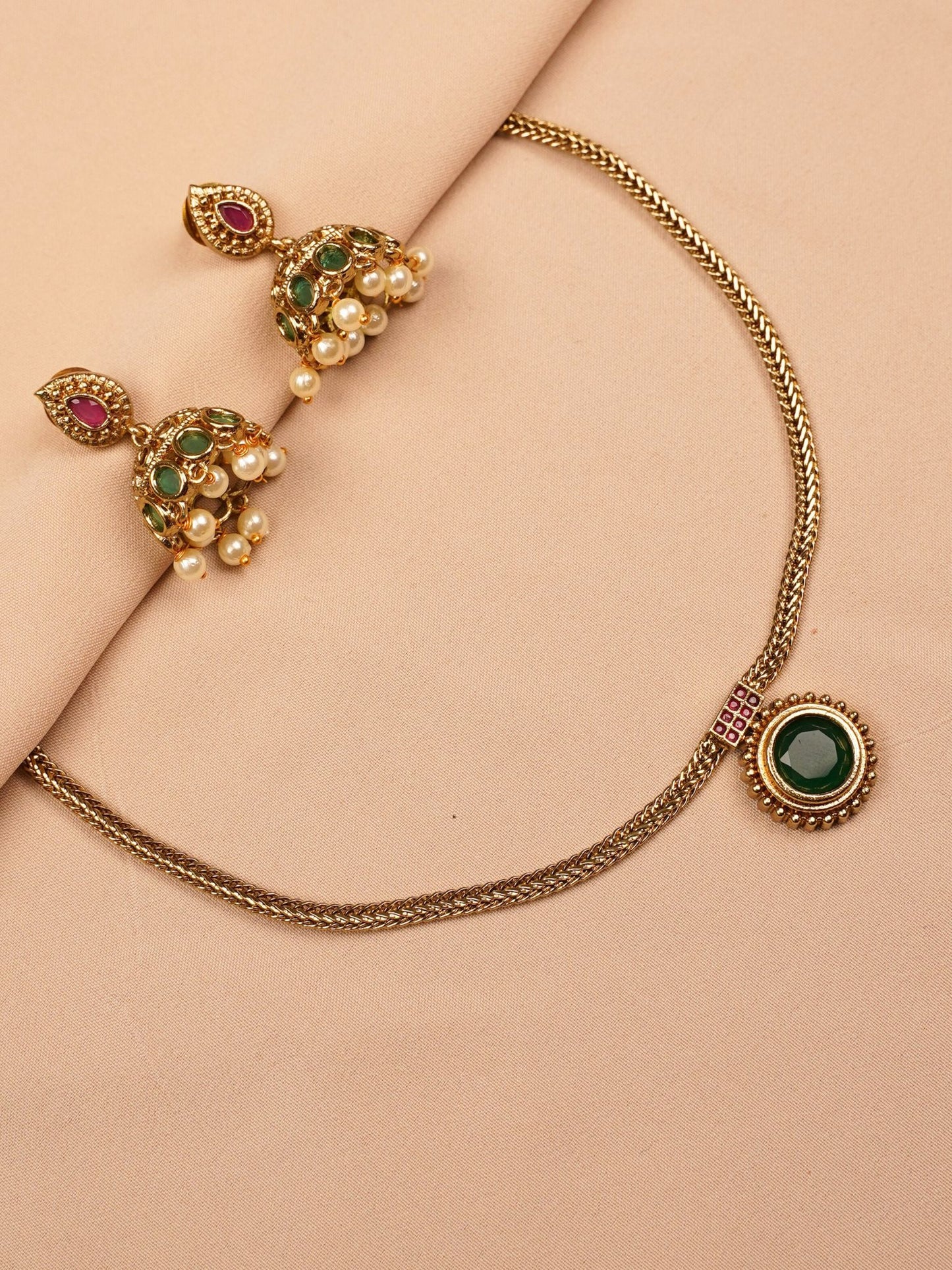 Green Stone Jhumka Necklace Set
