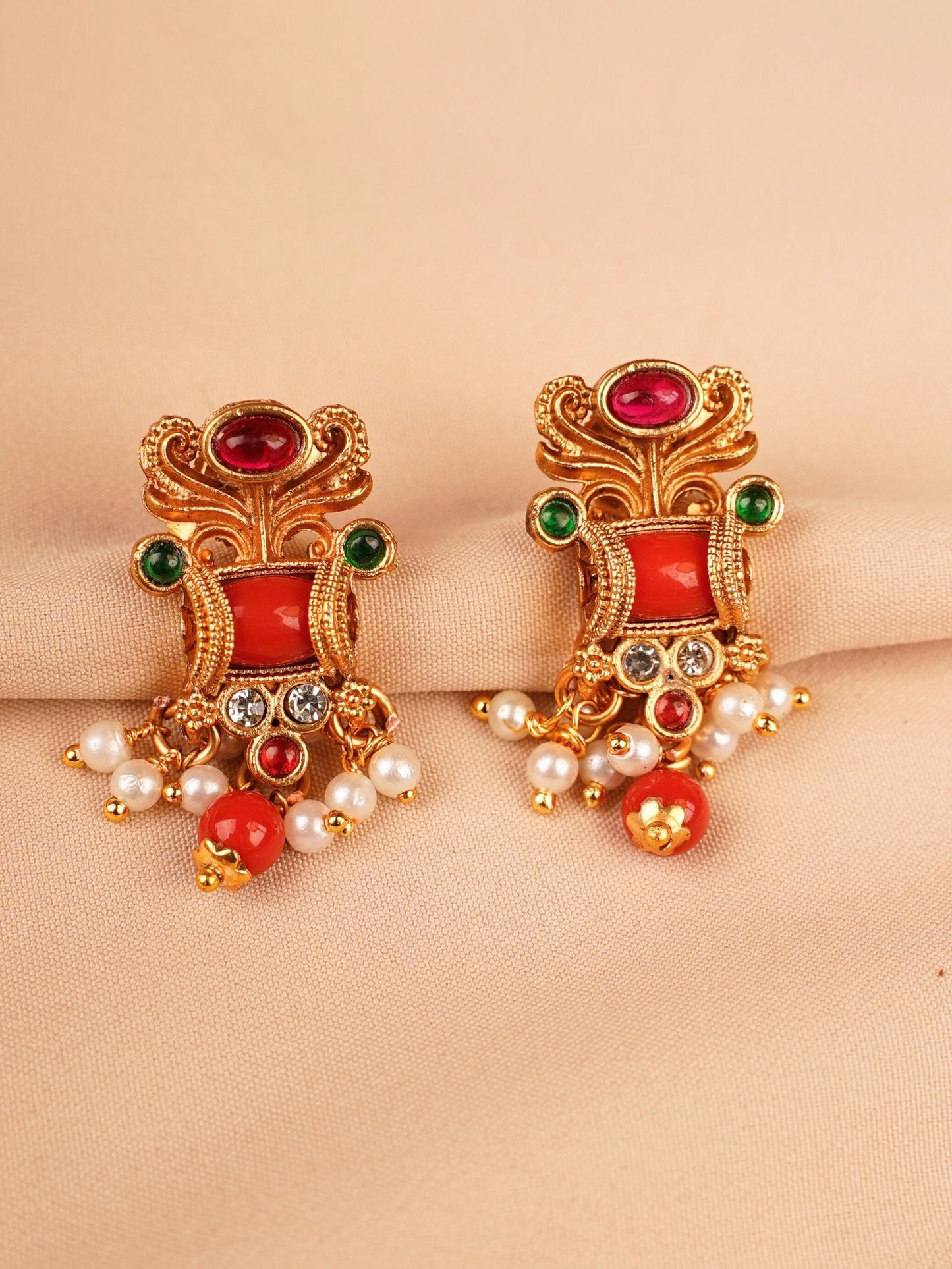 Ruby & Emerald Peacock Temple Necklace Set