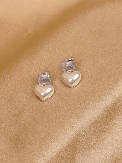 Crystal Heart Pearl Drop Earrings