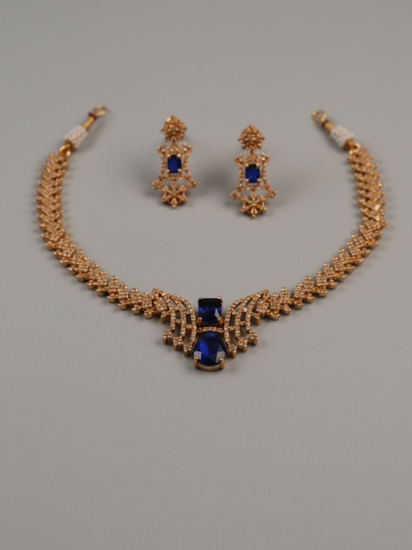Royal Sapphire Blue Stone Necklace Set with Diamond Finish