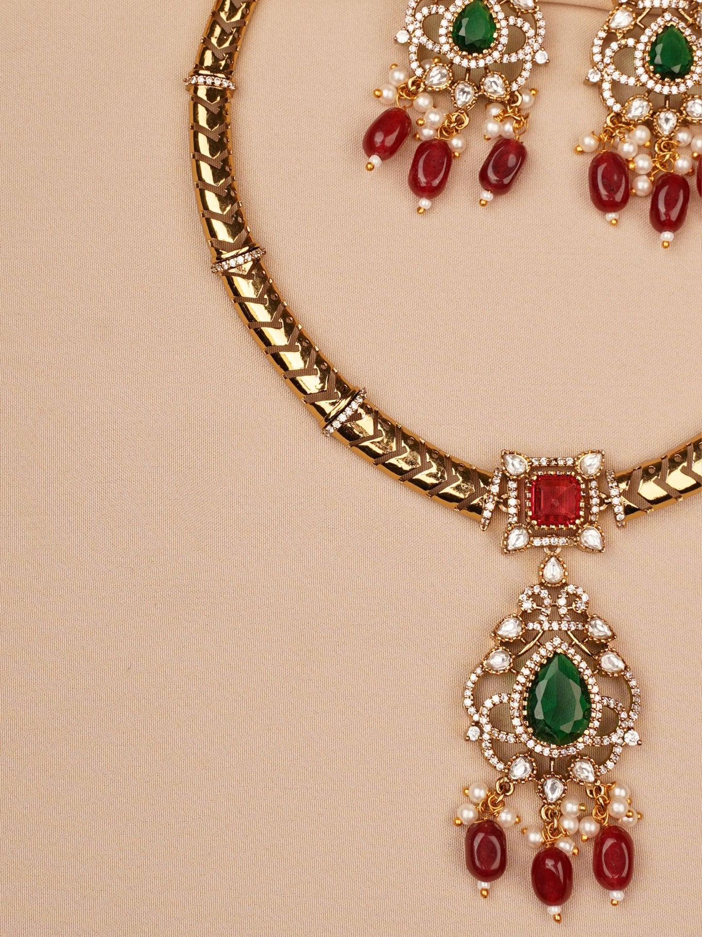 Majestic Ruby–Emerald Temple Drop Necklace & Earrings Set