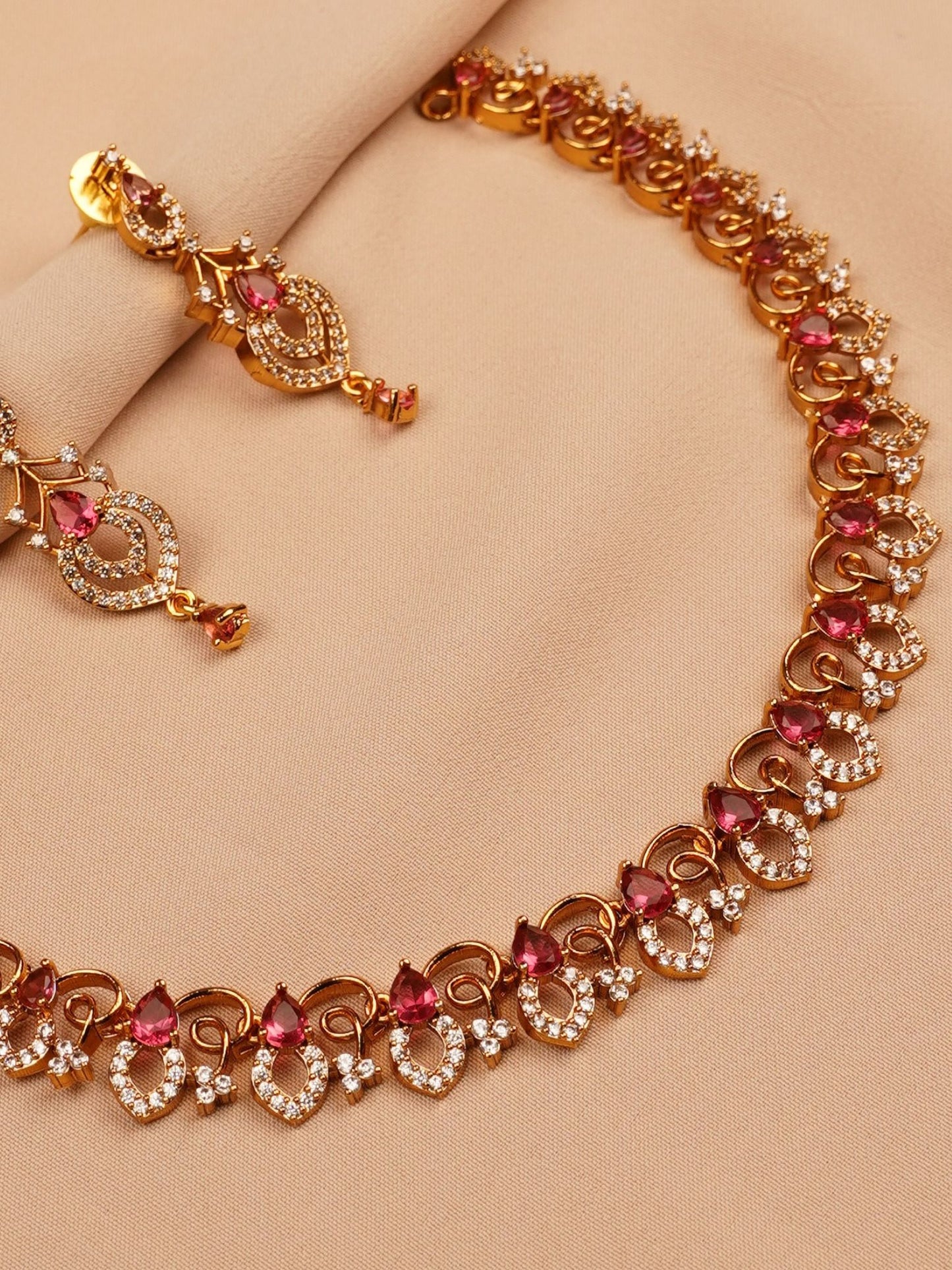 Gold-Plated Ruby Red Necklace Set with Earrings