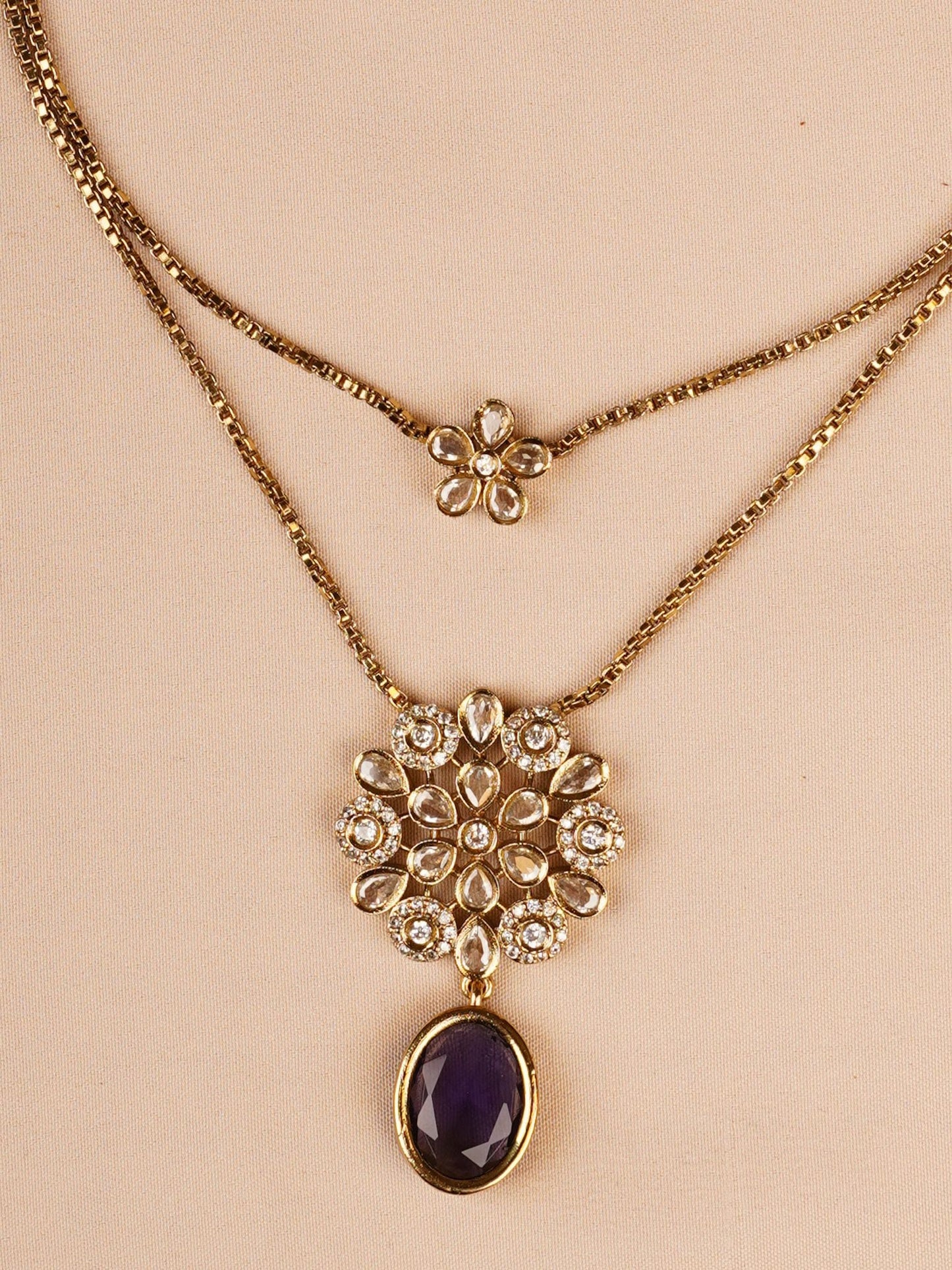 Dual Layer Floral Necklace Set with Purple Drop