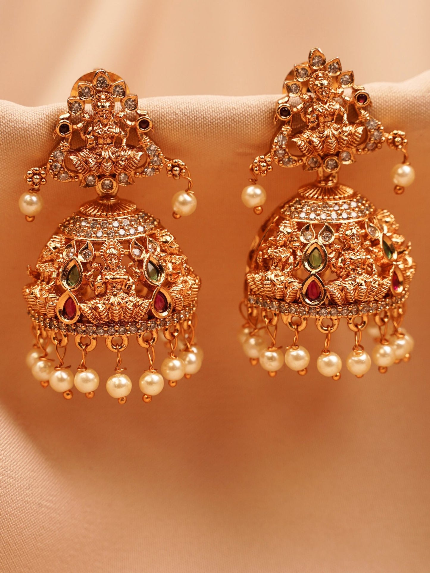 Bridal Lakshmi Temple Jhumkas with Pearls