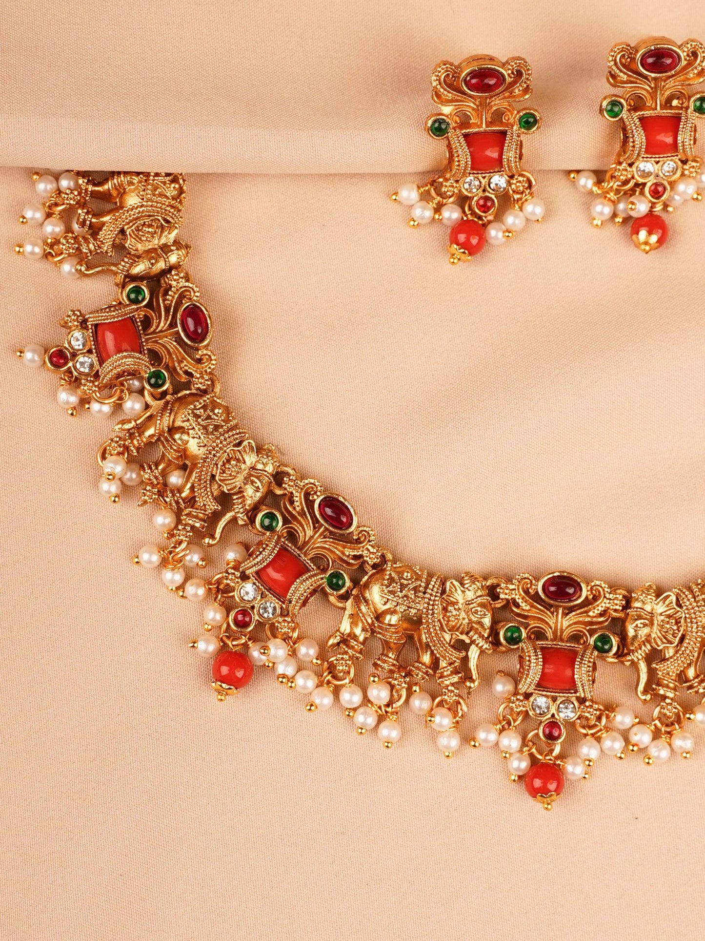 Ruby & Emerald Peacock Temple Necklace Set