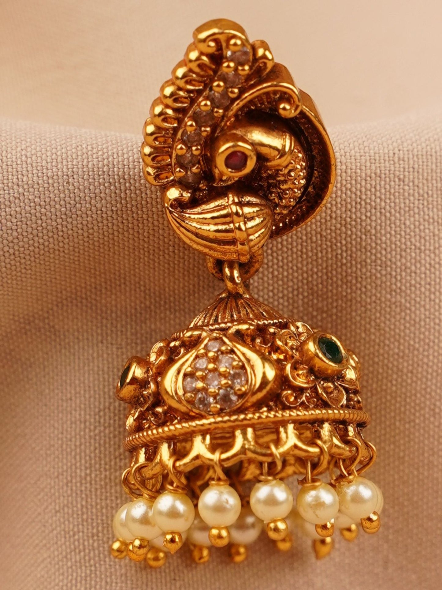 Peacock Temple Jhumka Earrings with Crystal Dome