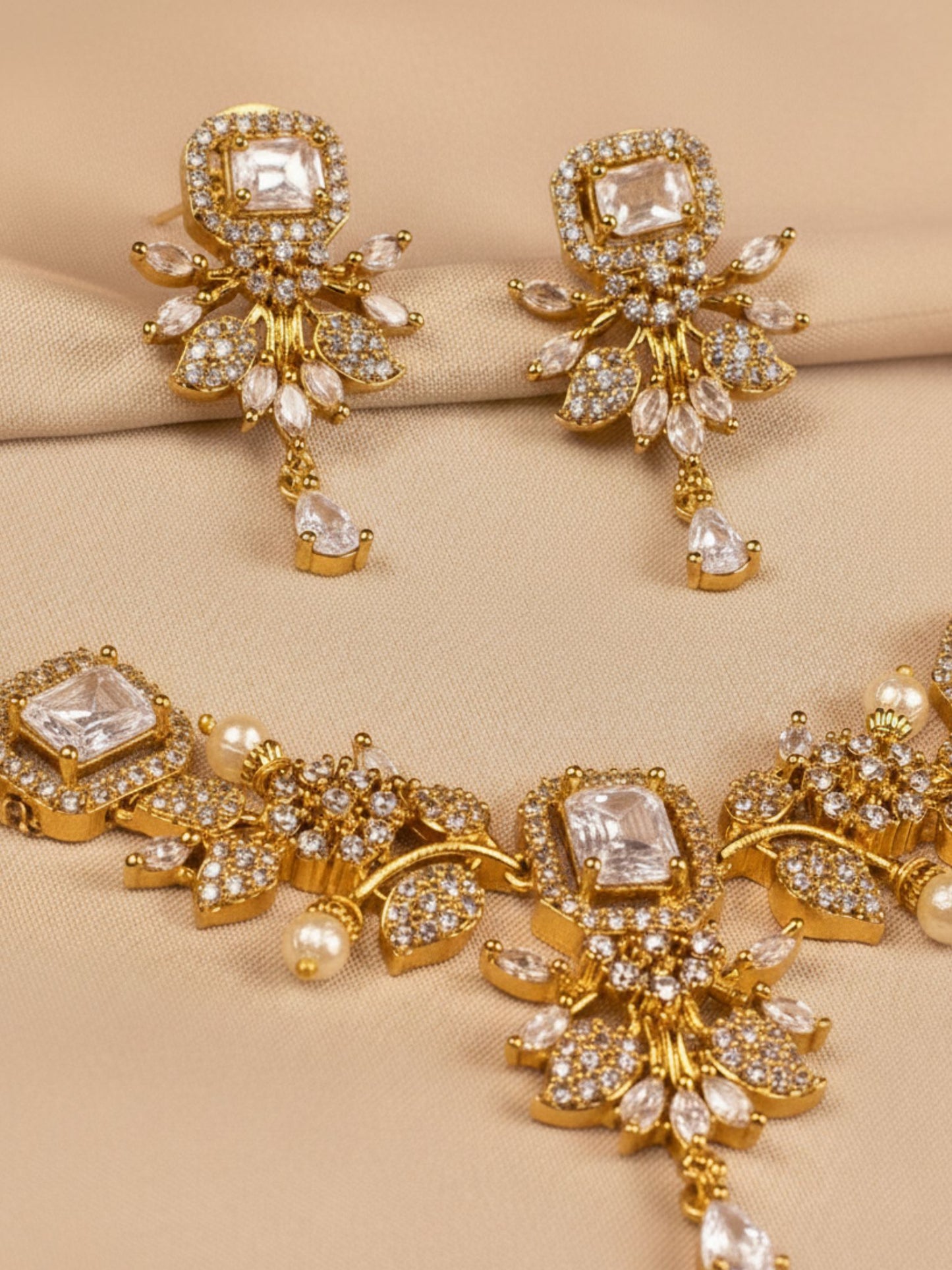 Luxurious White Stone & Gold Necklace Set with Earrings