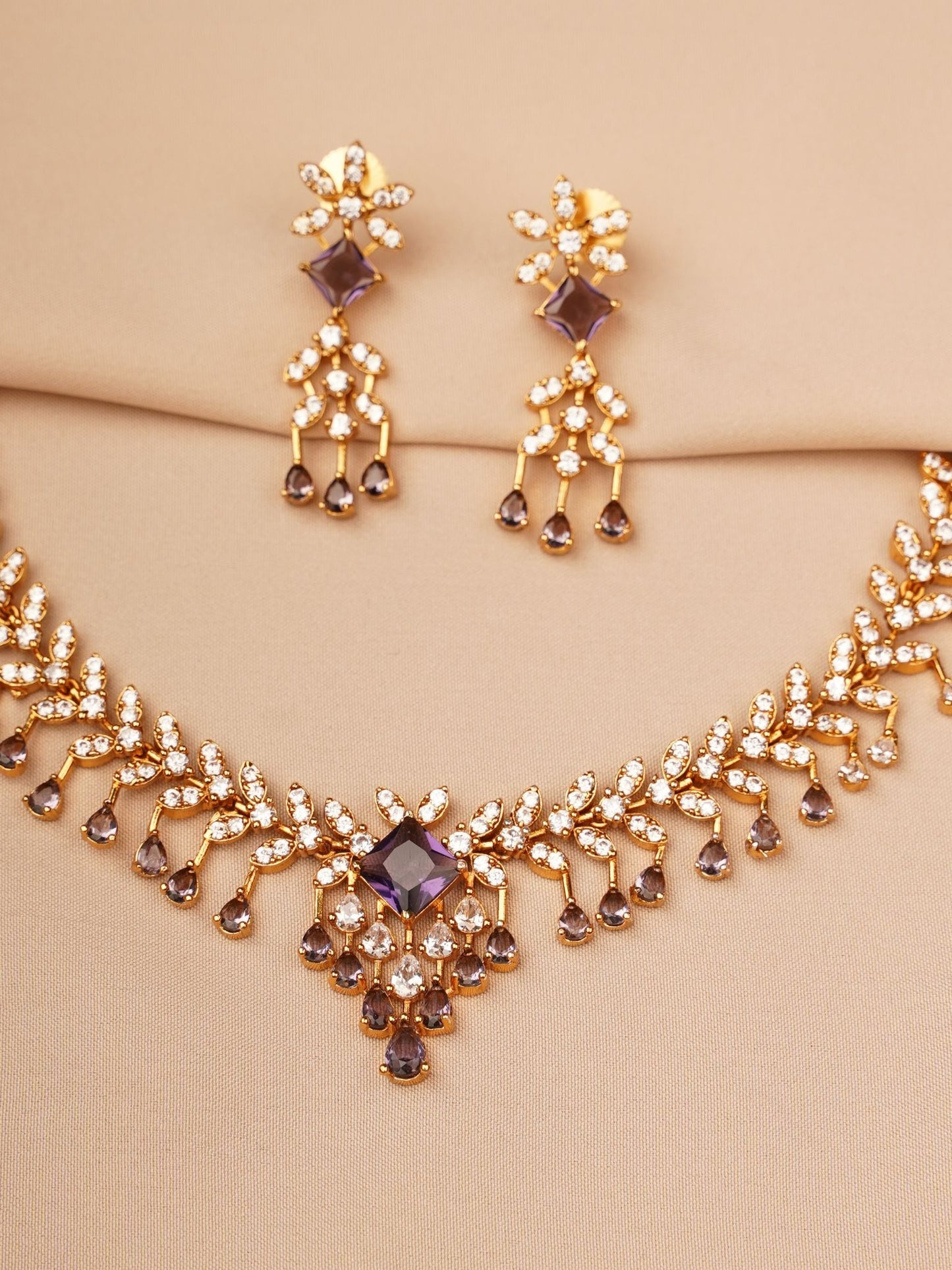 Ethereal Crystal Leaf-Chain Designer Necklace Set