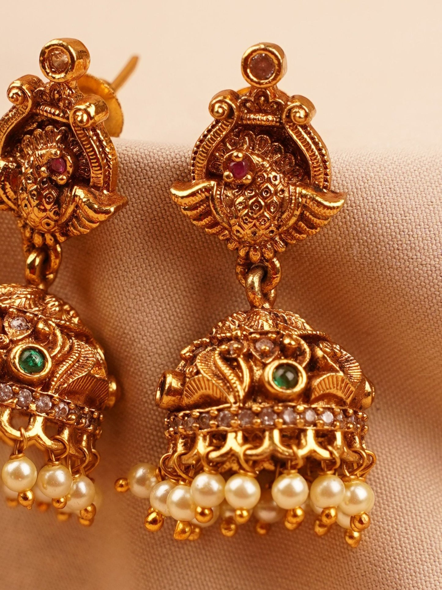 Peacock Temple Jhumka Earrings with Pearl Drops